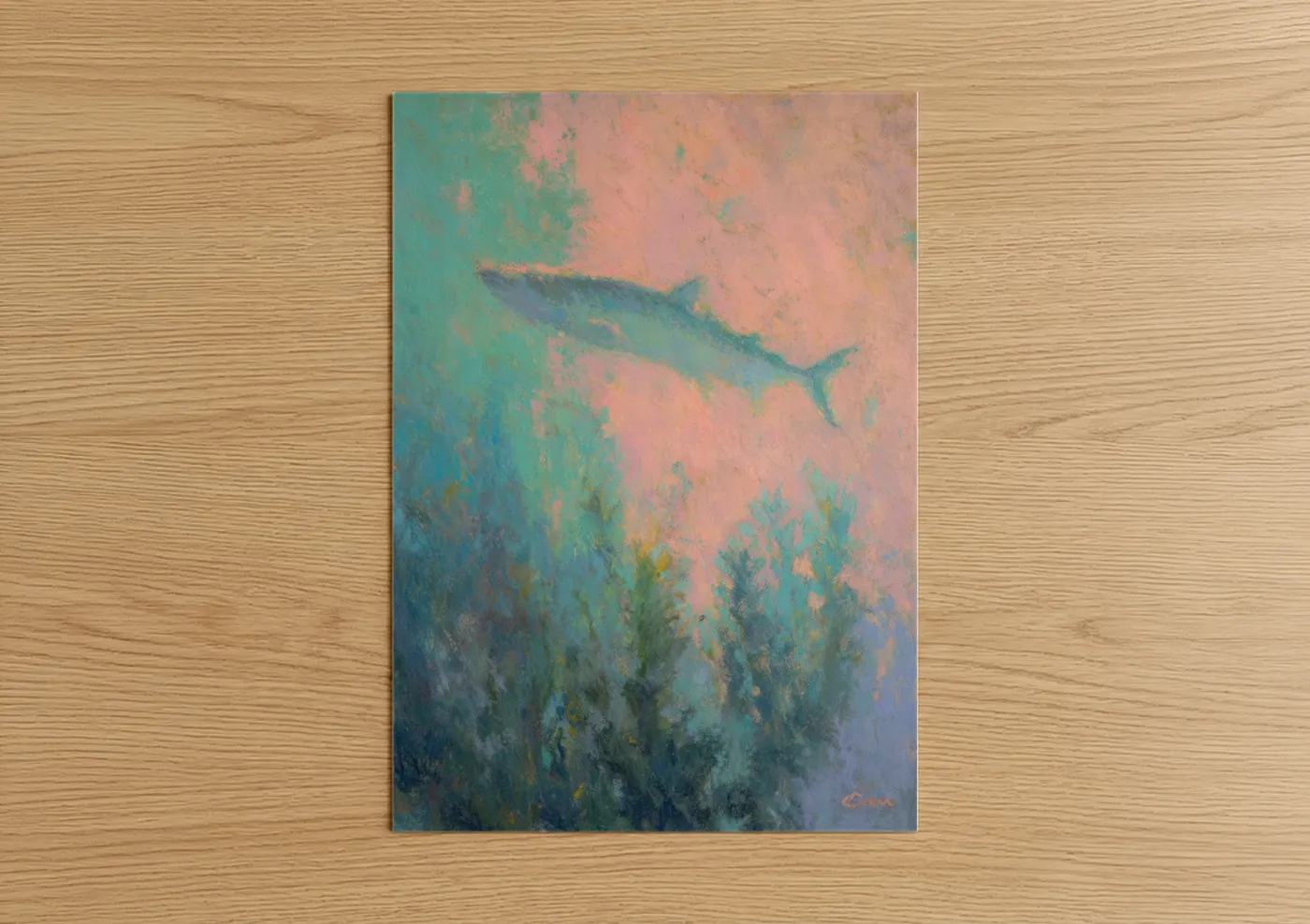 Art print on warm oak wood — teal and salmon pink palette — Dreaming Tarpon poster