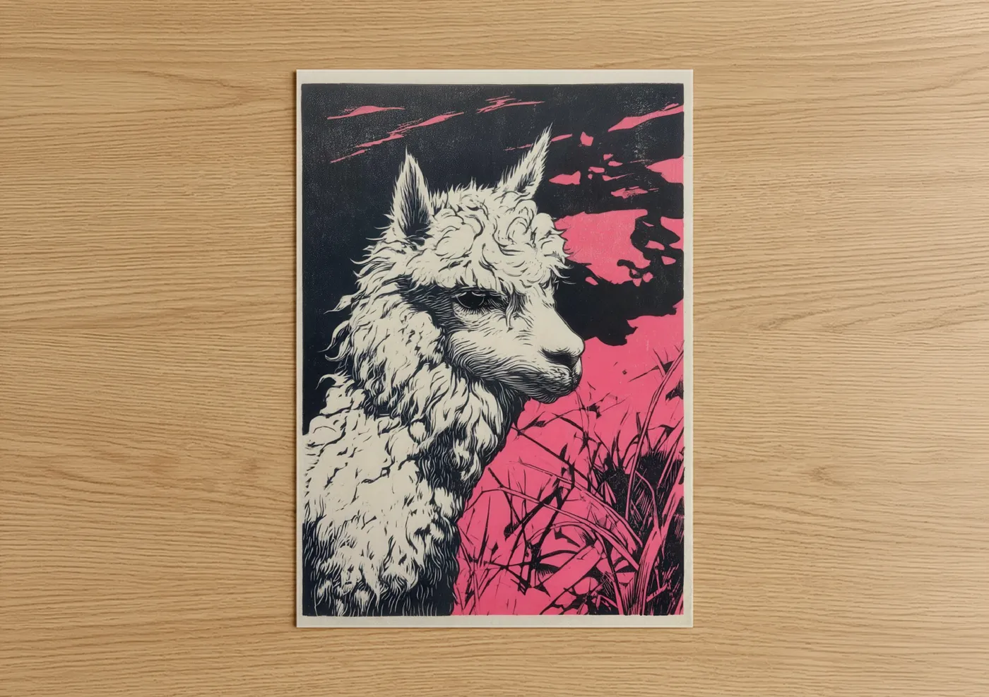 Art print on warm oak wood — black and white and magenta palette — Neon Alpaca poster