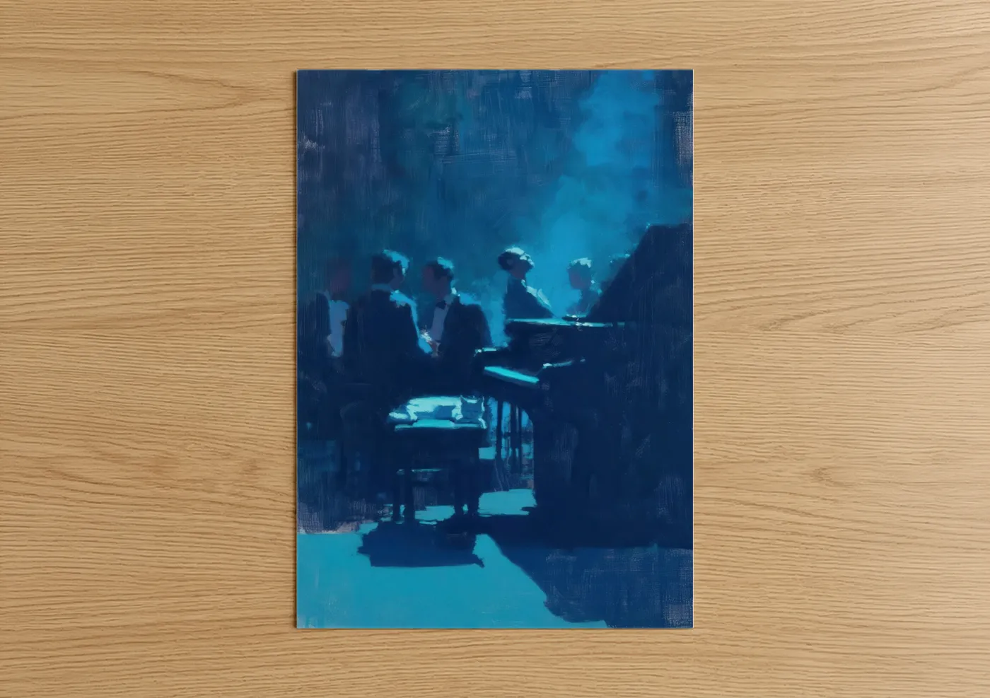 Art print on warm oak wood — blue and dark blue palette — Midnight Piano Cat poster