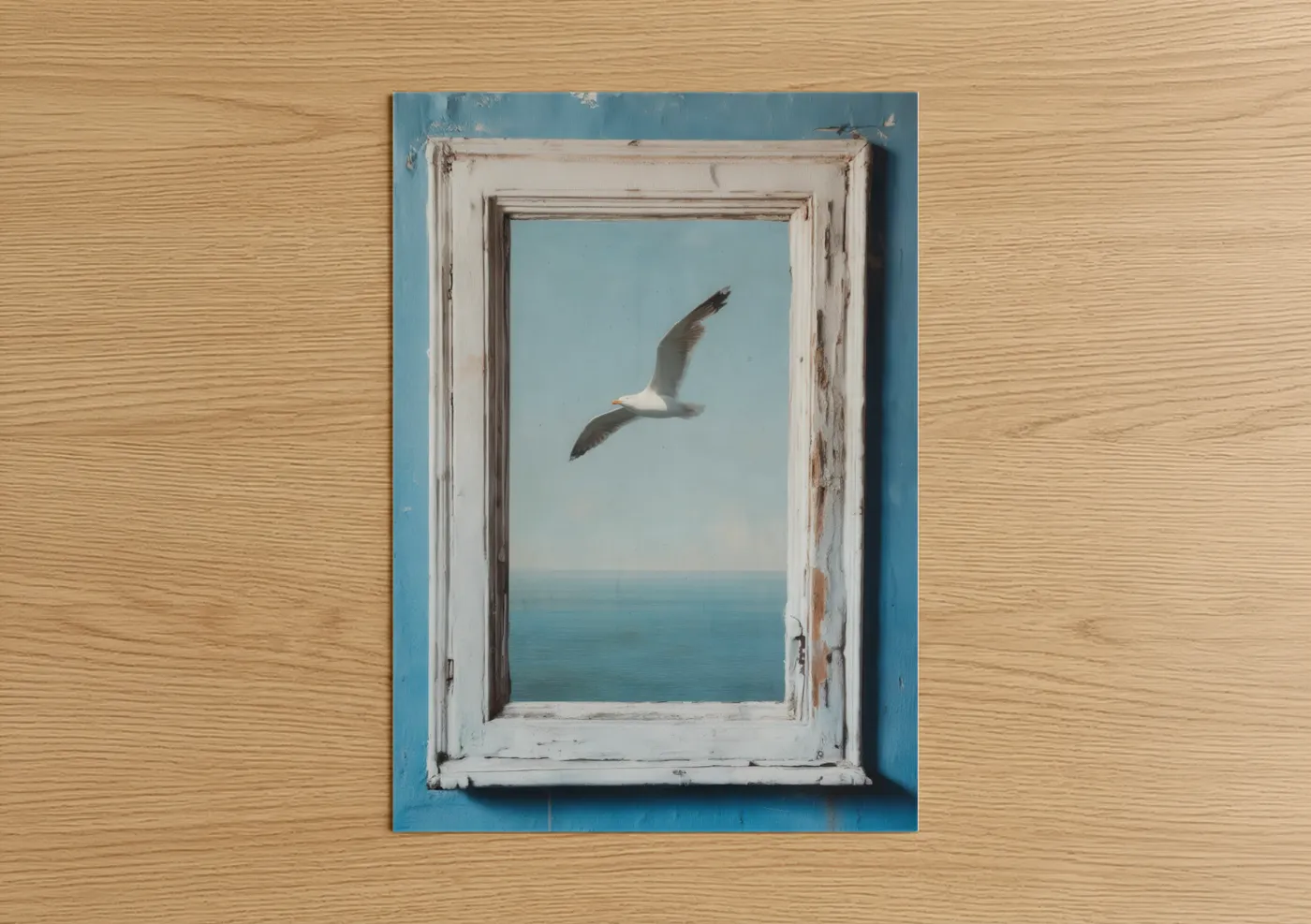 Art print on warm oak wood — blue and white and aquamarine palette — Coastal Seagull poster