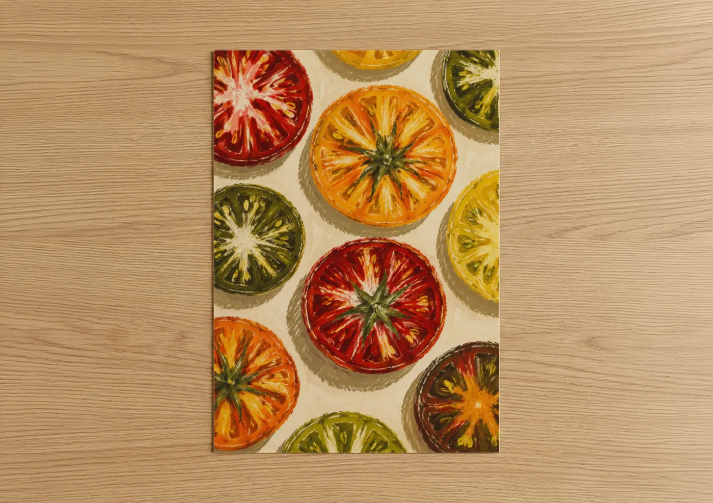 Fruit art print on warm oak wood — orange and yellow palette — Heirloom Tomato Slices Kitchen Wall Art poster