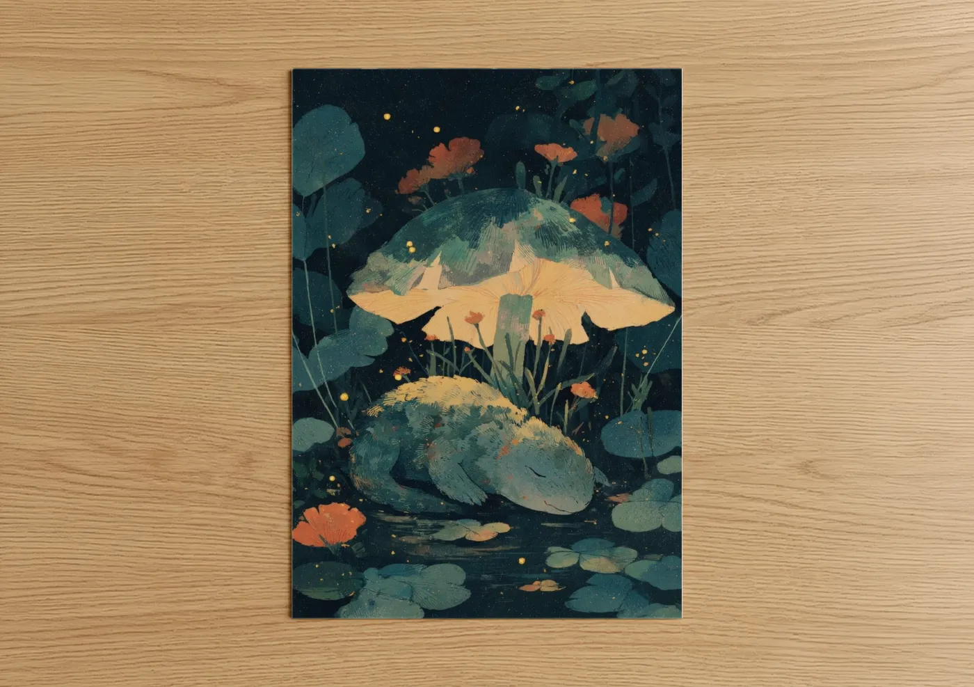 Art print on warm oak wood — teal and gold palette — Dreaming Dinosaur poster