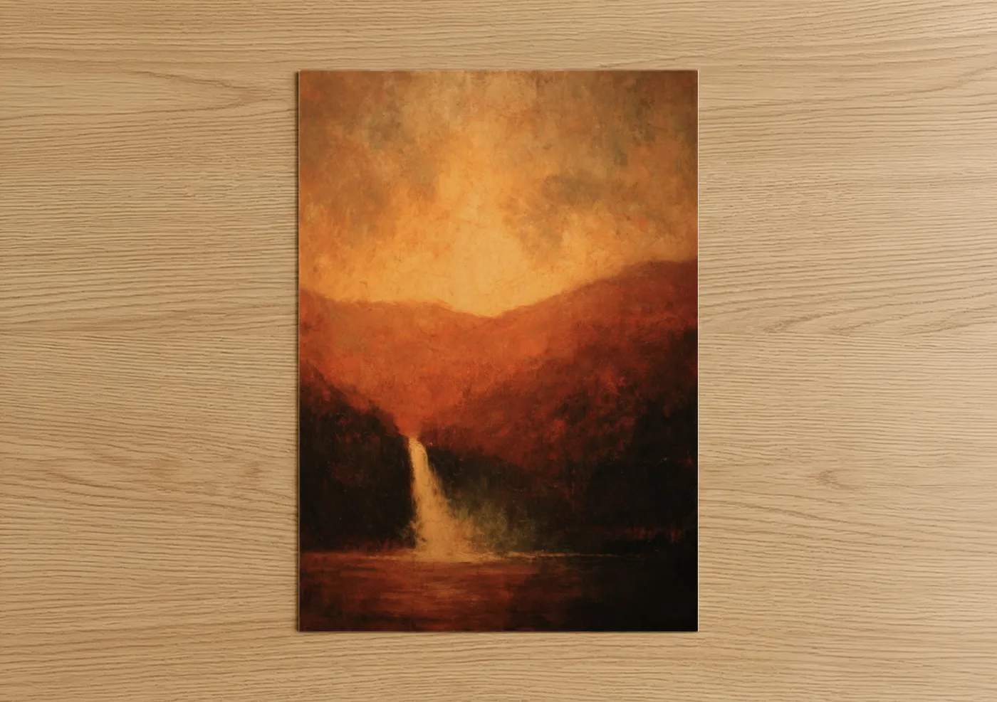 Golden Waterfall Sunset Mountain Landscape Wall Art