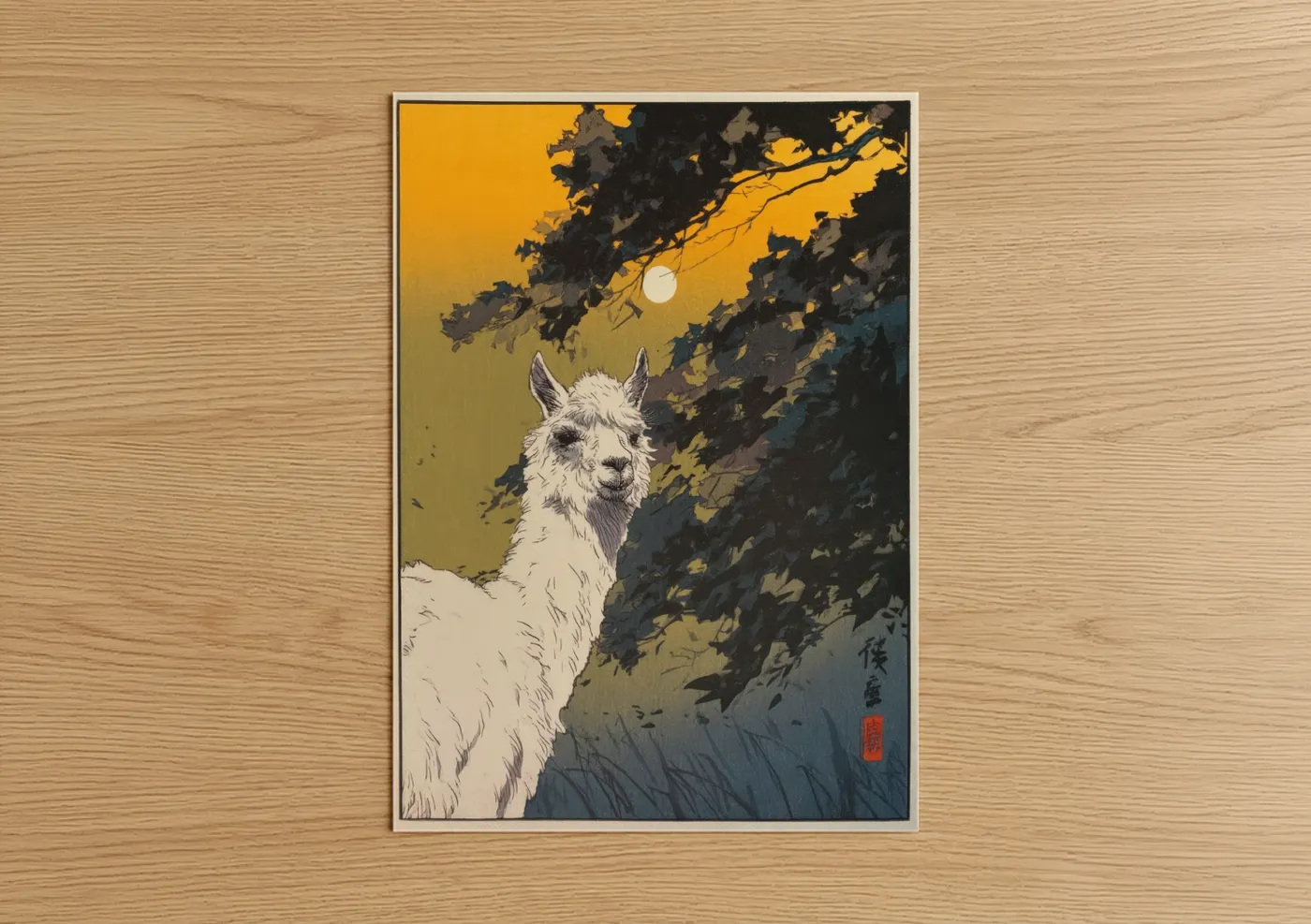 Art print on warm oak wood — gold and black and gold palette — Moonlit Alpaca poster