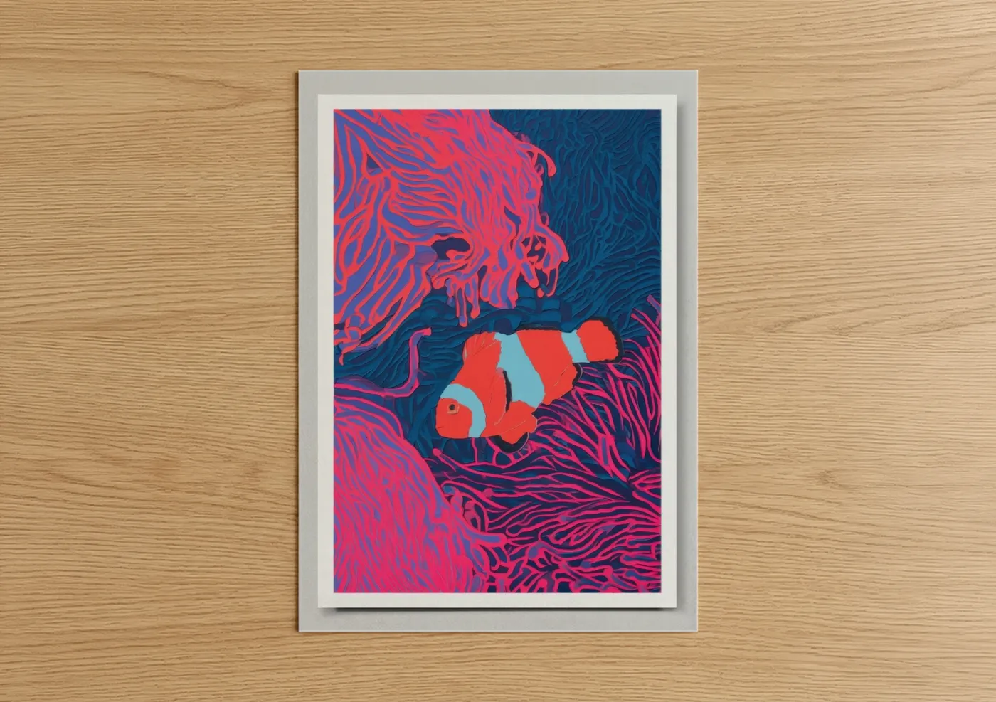 Clown fish art print on warm oak wood — red and dark blue palette — Neon Clownfish poster