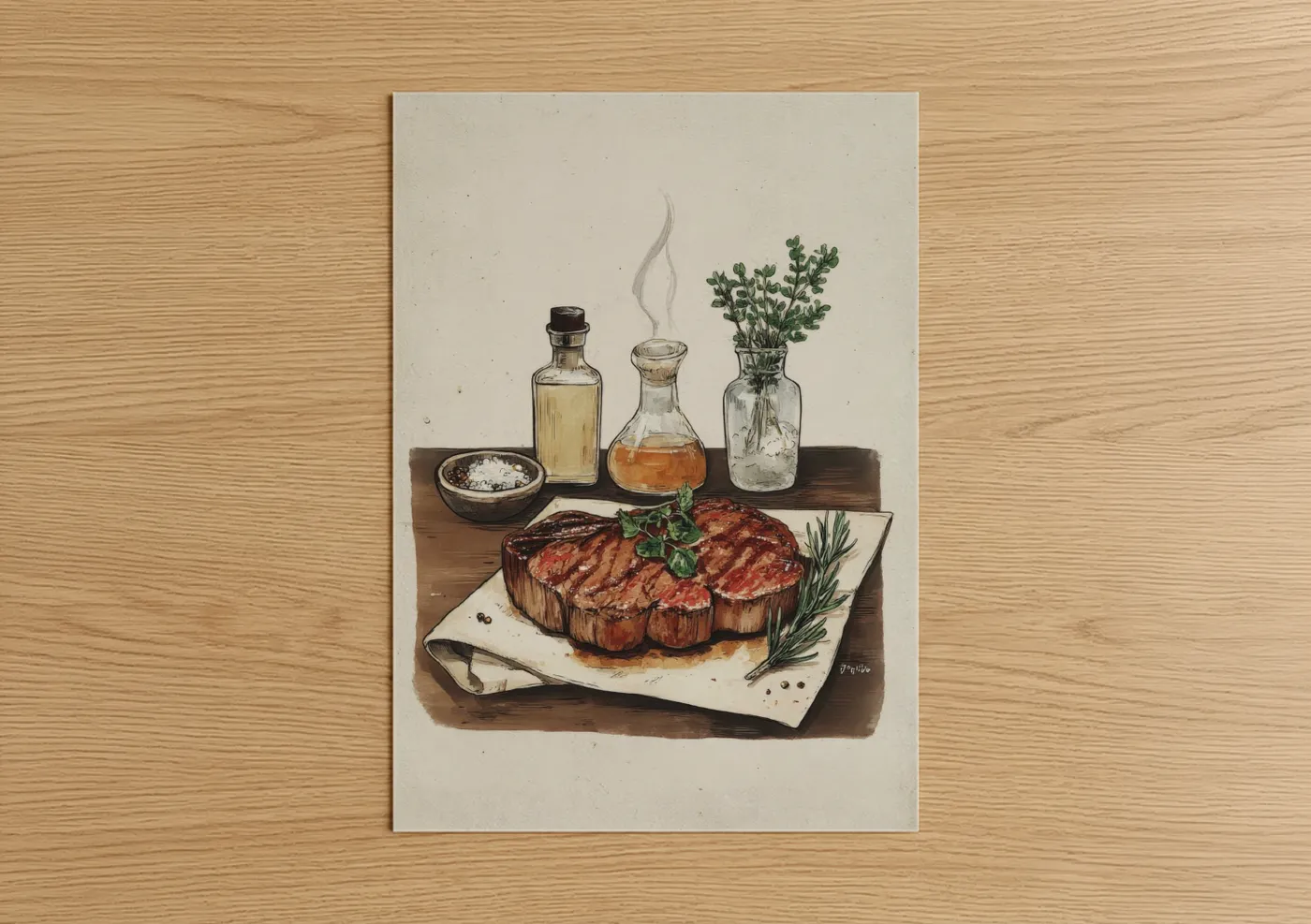 Meat art print on warm oak wood — brown and gold palette — Seared Steaks Still Life poster