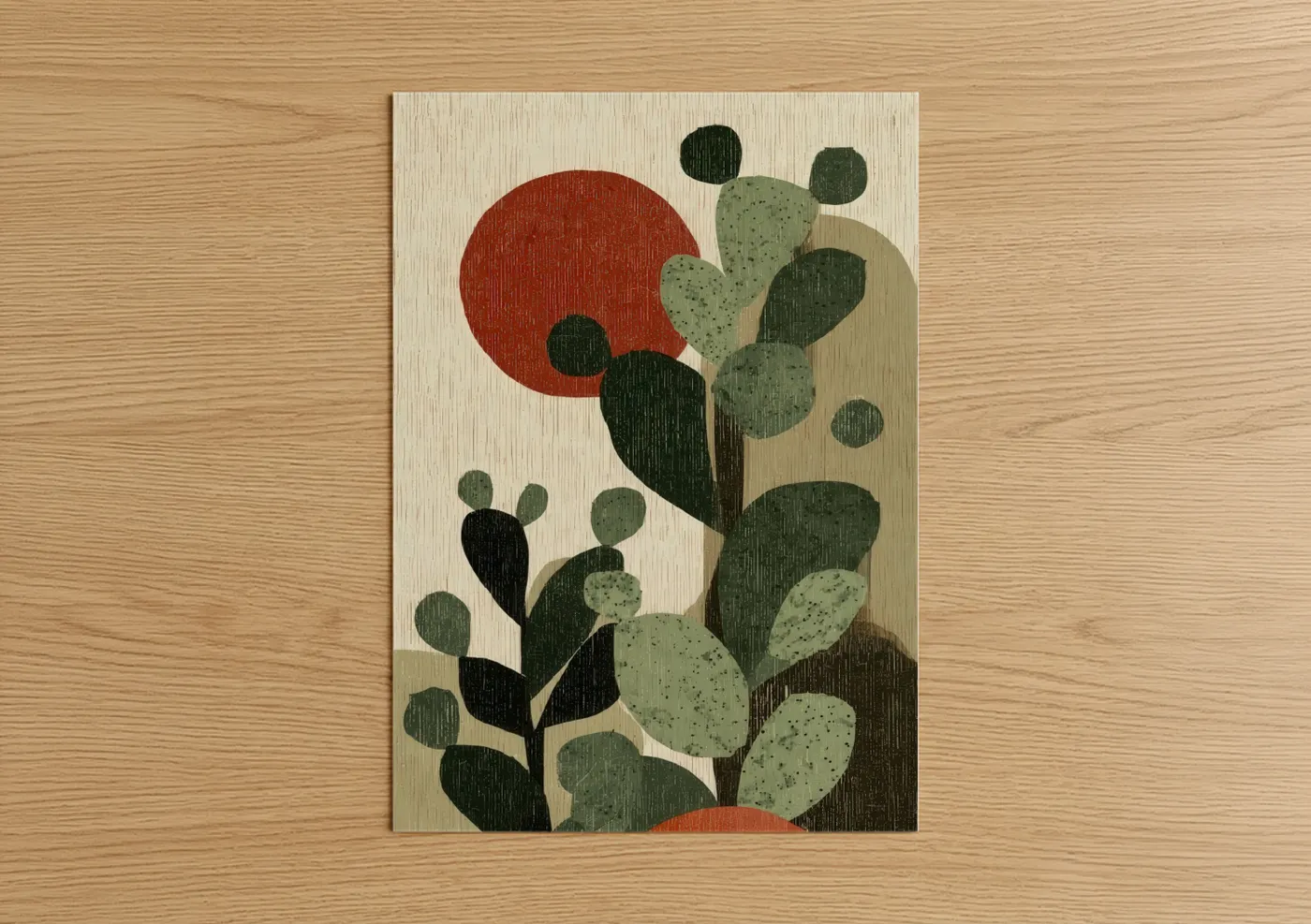 Art print on warm oak wood — sage green and russet palette — Desert Cactus Garden poster