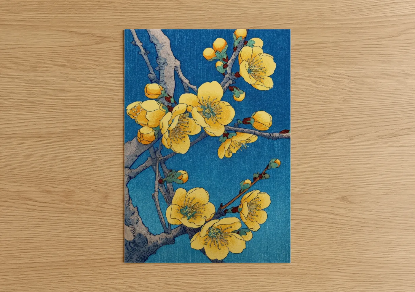 Golden Cherry Blossoms Blue Background Wall Art