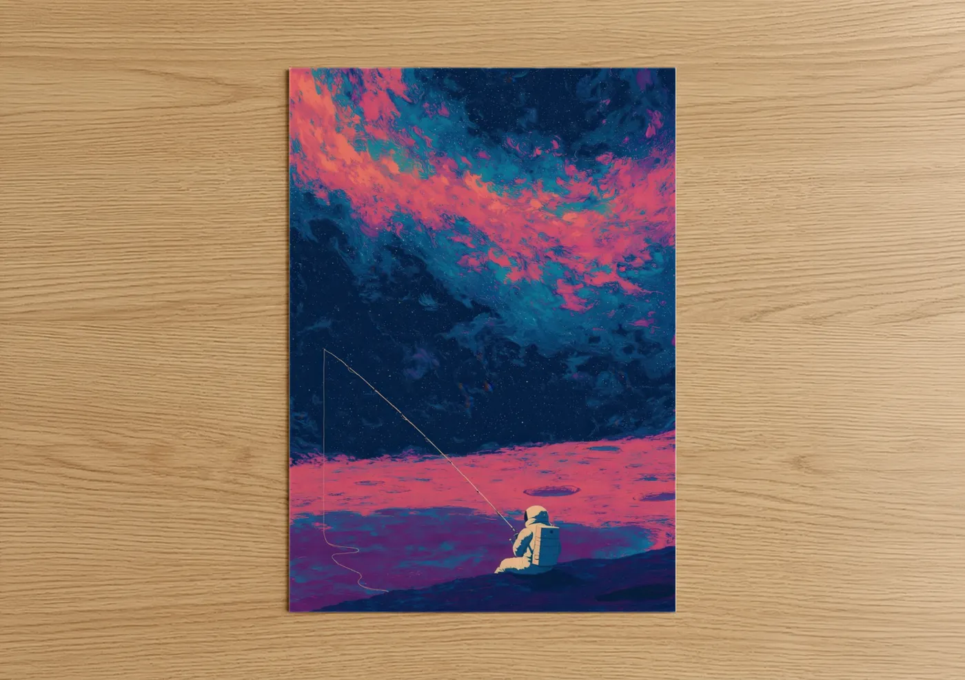 Art print on warm oak wood — magenta and dark blue palette — Cosmic Fishing Astronaut poster