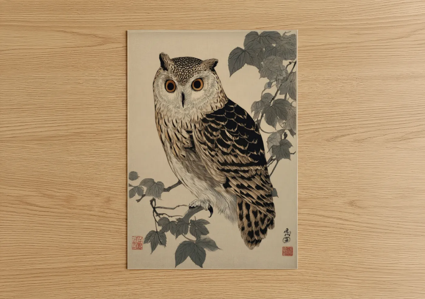 Art print on warm oak wood — black and white and cream palette — Golden-Eyed Owl poster