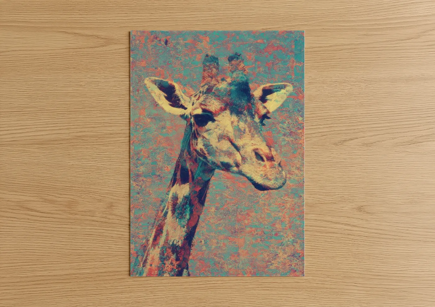 Art print on warm oak wood — pink and teal palette — Crimson Giraffe poster