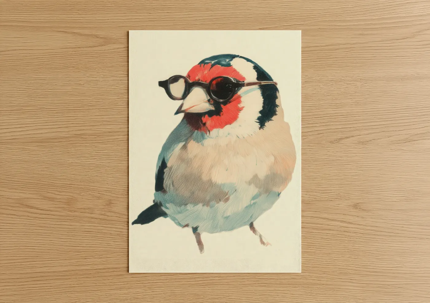 Art print on warm oak wood — cream and teal palette — Spectacled Finch poster