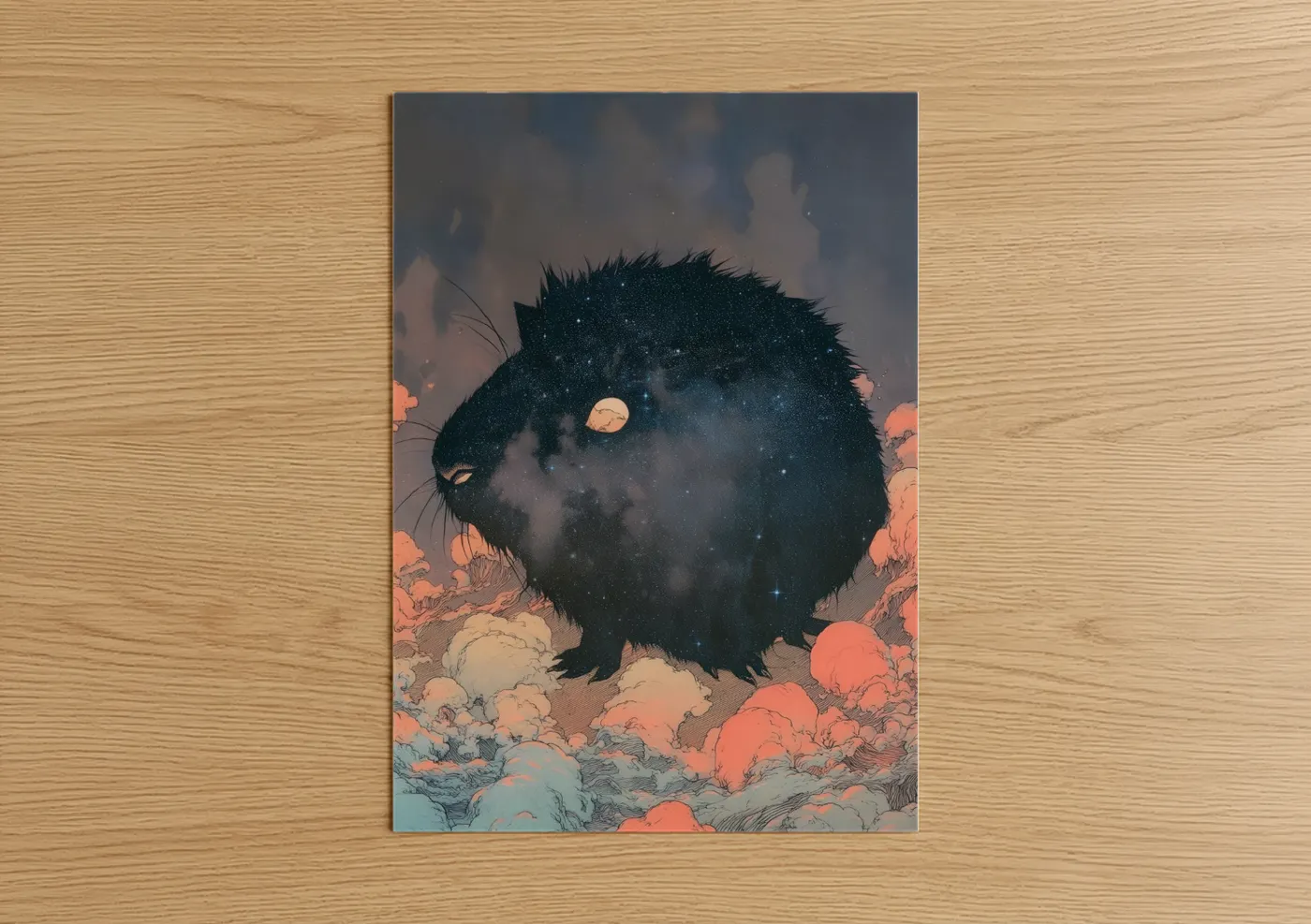 Art print on warm oak wood — black and peach palette — Cosmic Guinea Pig poster