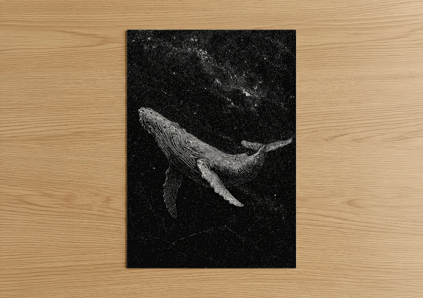 Humpback whale art print on warm oak wood — black and white palette — Celestial Humpback poster