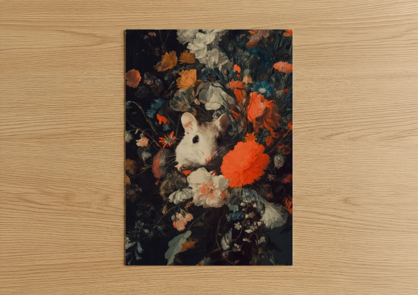 White Gerbil Surrounded by Vibrant Flowers Wall Art
