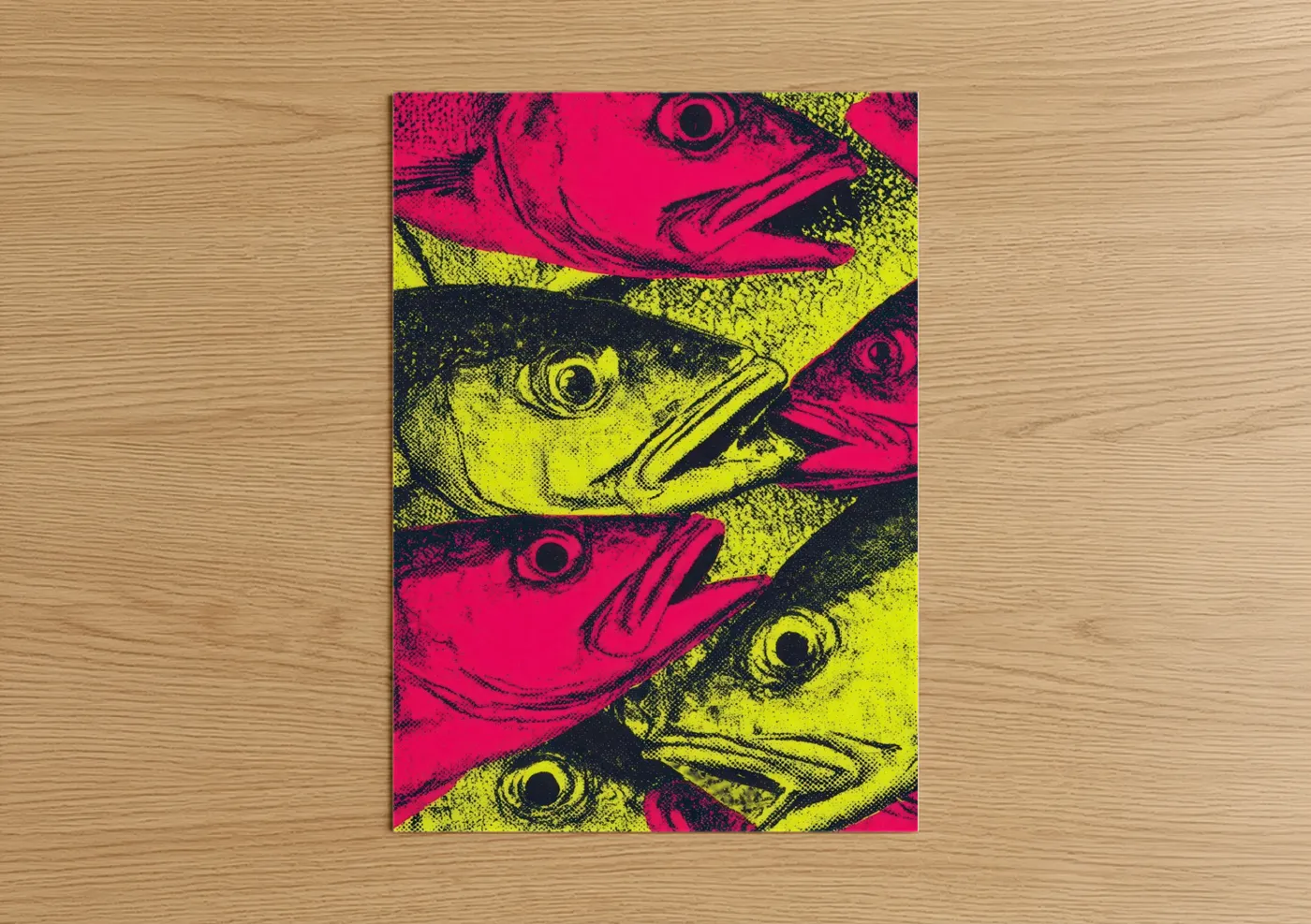 Art print on warm oak wood — magenta and yellow gold palette — Neon Snook Trio poster