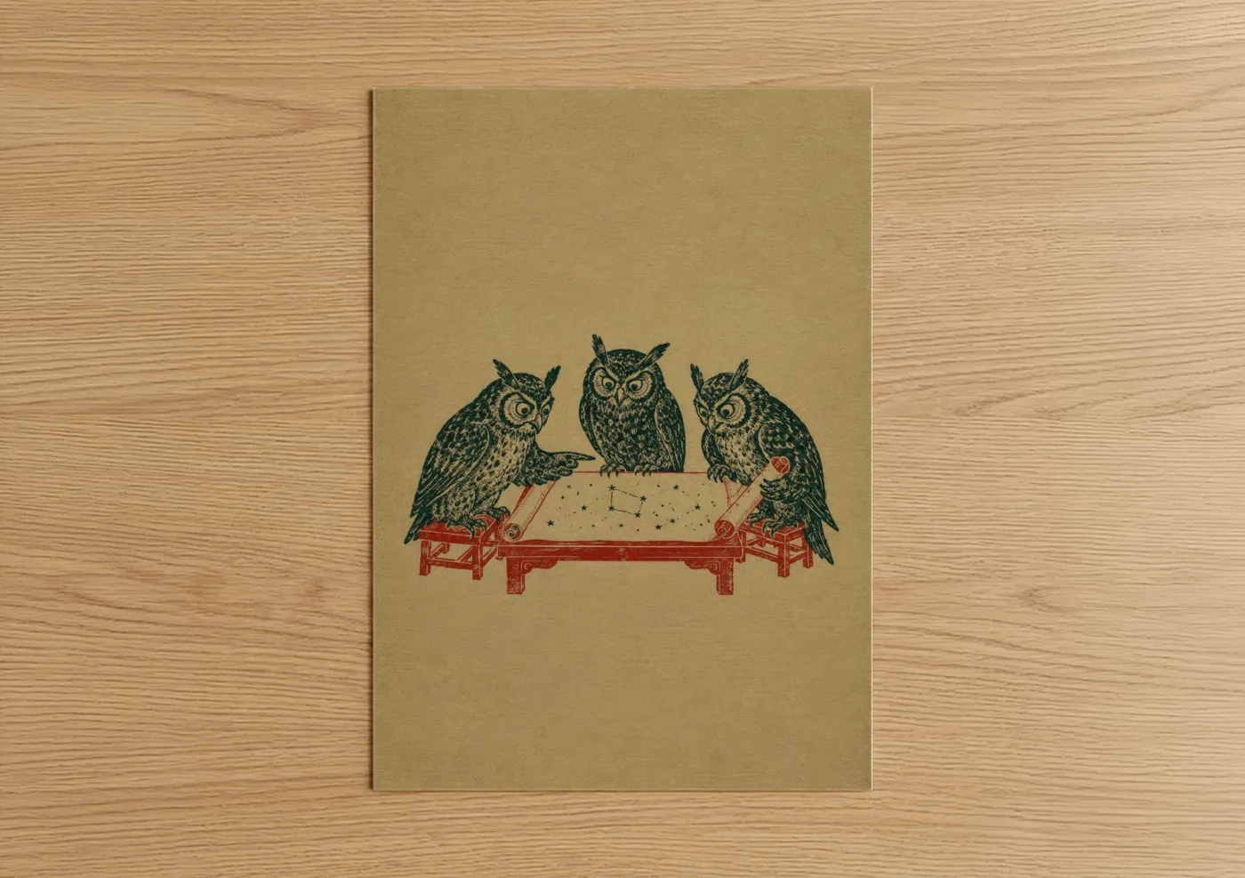 Art print on warm oak wood — beige and dark green palette — Japanese Owl Trio Wall Art poster