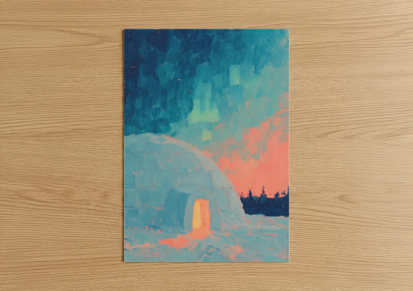 Art print on warm oak wood — blue and salmon pink palette — Aurora Dome poster