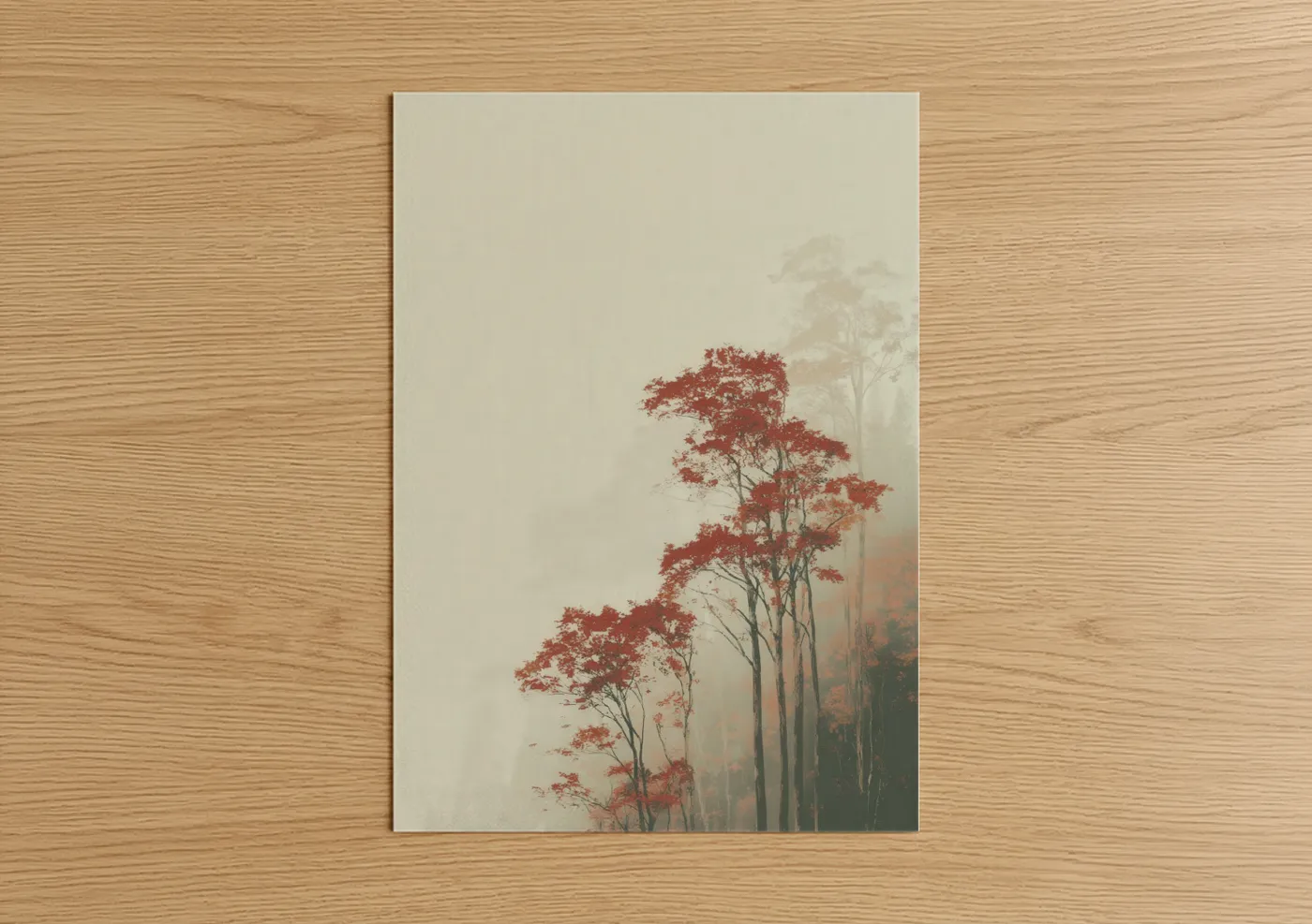 Art print on warm oak wood — russet and dove gray palette — Crimson Maple Forest poster