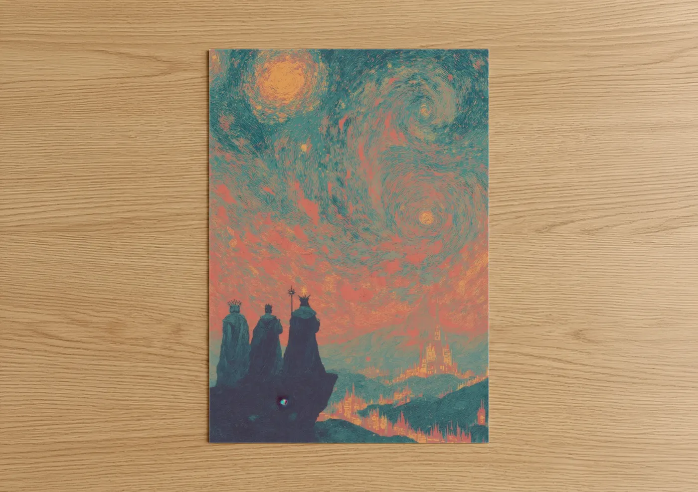 Art print on warm oak wood — teal and gold palette — Epiphany Sky poster