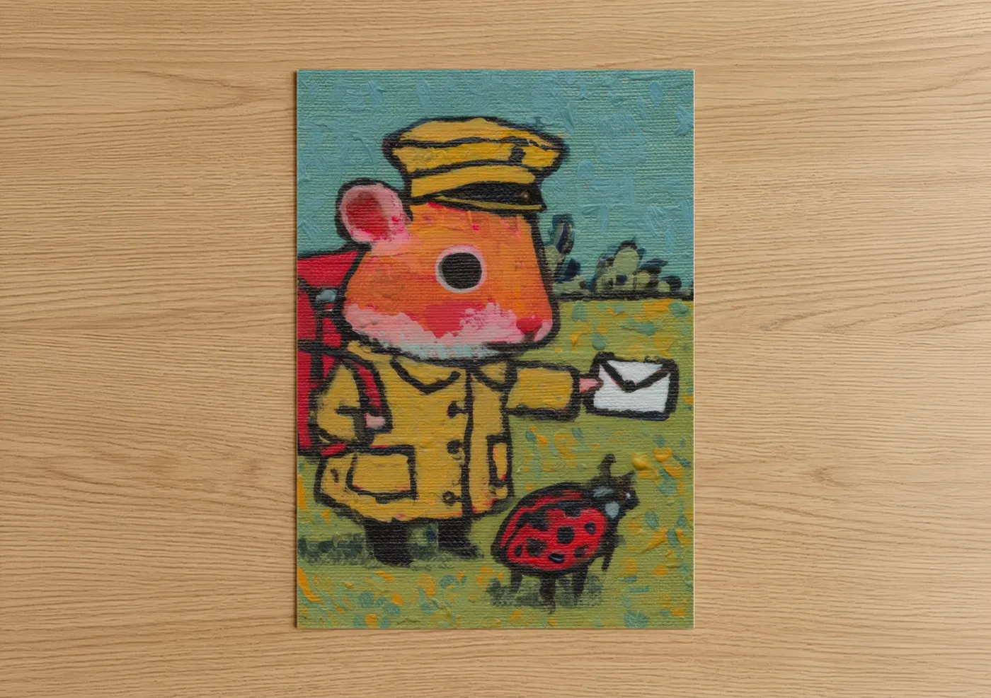 Art print on warm oak wood — yellow gold and blue and green palette — Postman Hamster poster