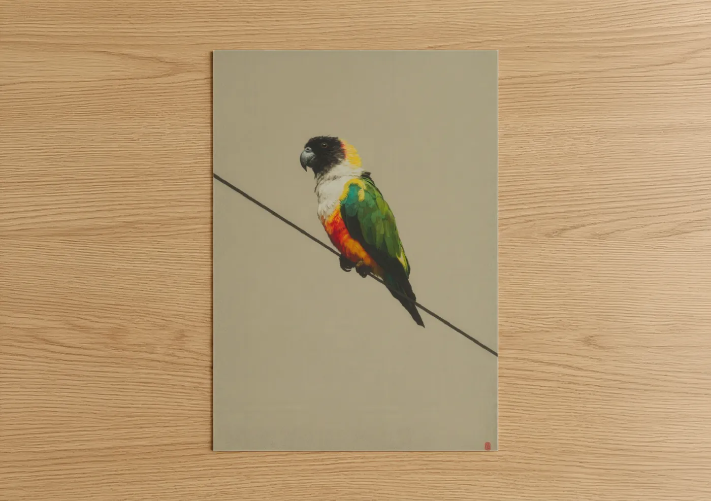 Safari parrots art print on warm oak wood — green and orange palette — Perched Parrot poster
