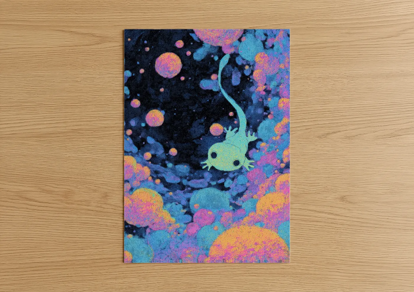 Extraterrestrial art print on warm oak wood — blue and magenta palette — Bioluminescent Alien poster