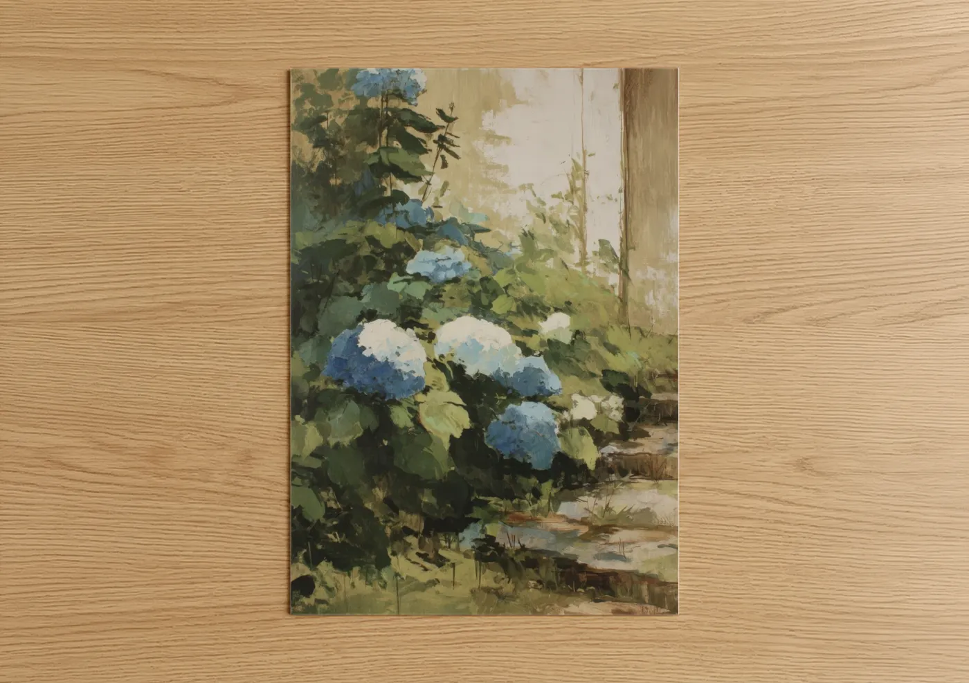 Art print on warm oak wood — blue and white and sage green palette — Cottage Hydrangea poster
