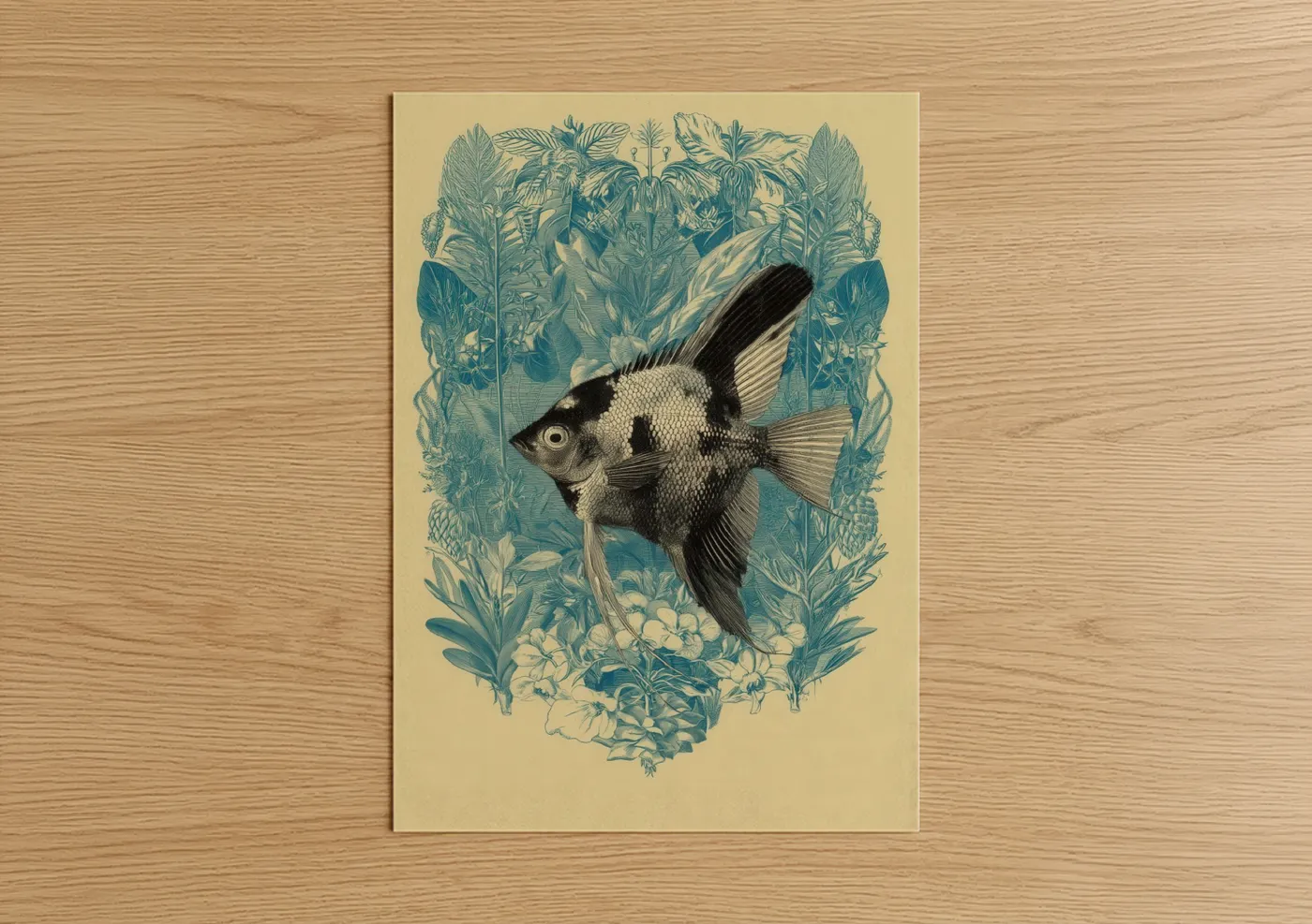 Art print on warm oak wood — teal and cream palette — Ornamental Angel Fish poster