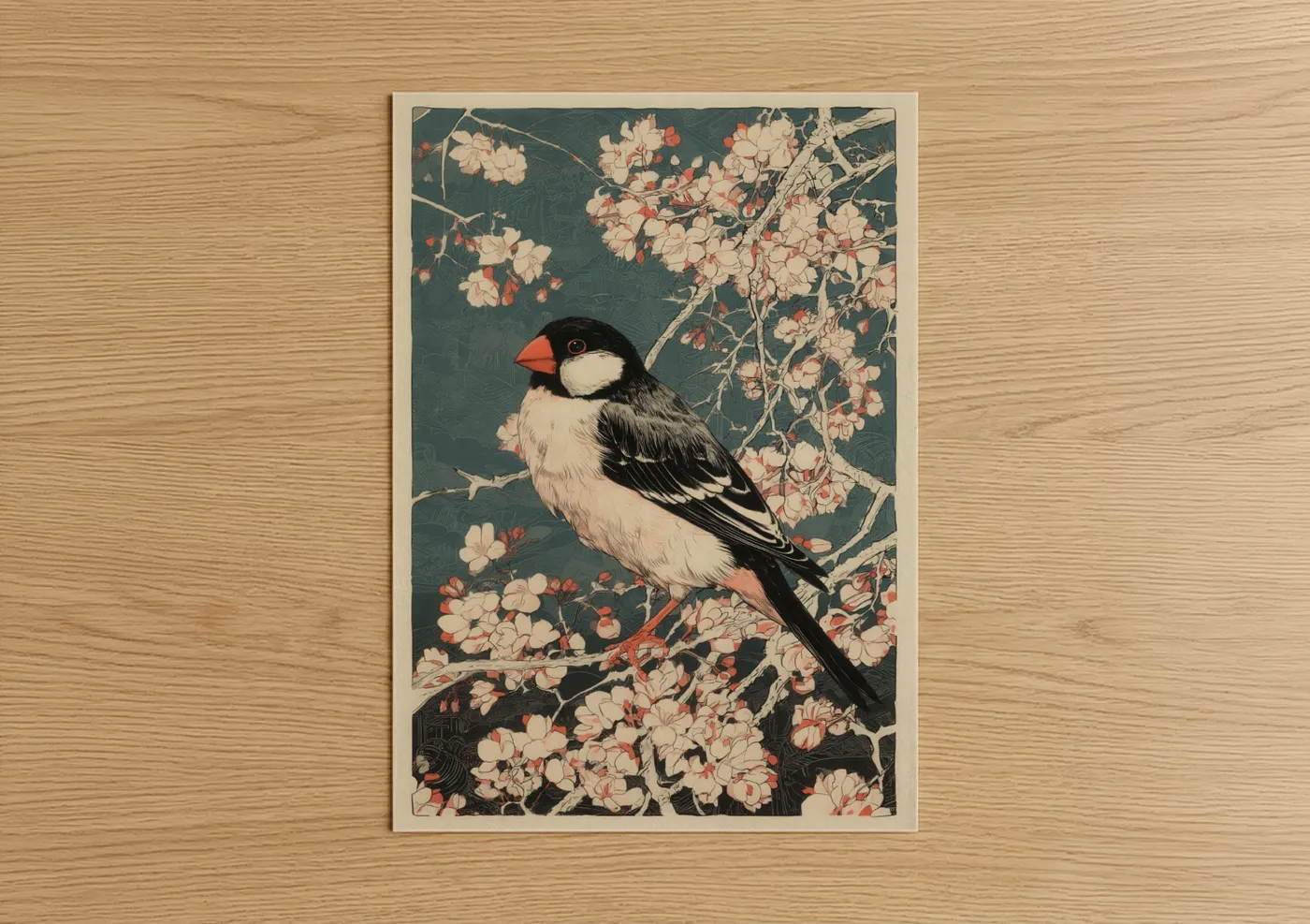Blossom Finch Japanese Woodblock Wall Art