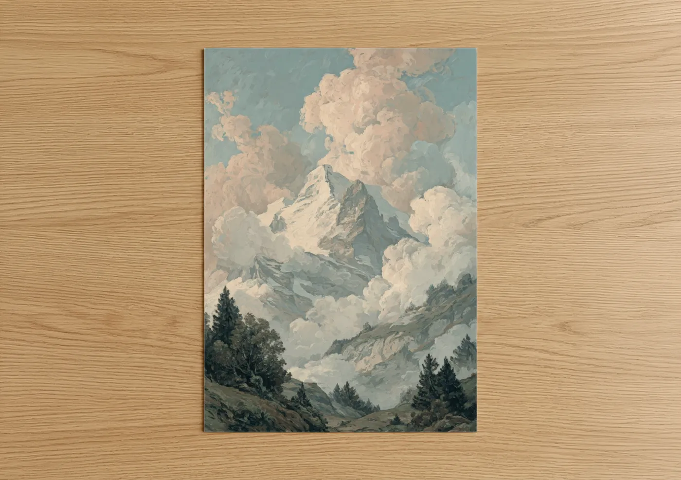 Art print on warm oak wood — blue and white and cream palette — Snowy Himalayas poster