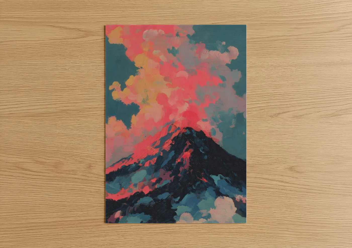 Art print on warm oak wood — red and teal palette — Crimson Volcano poster