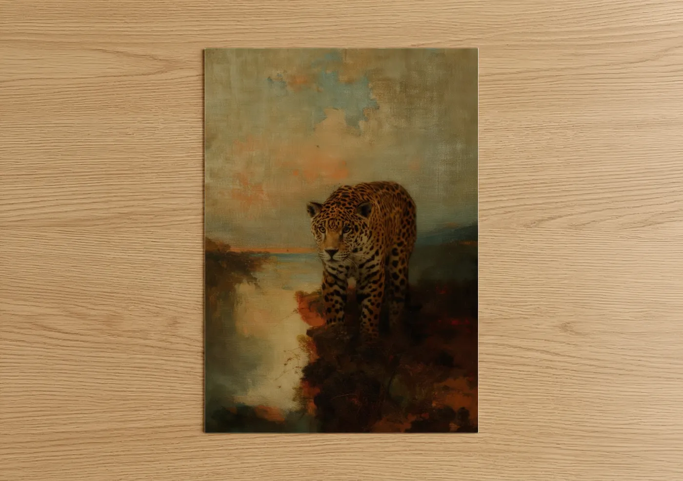Art print on warm oak wood — brown and gold palette — Twilight Jaguar poster