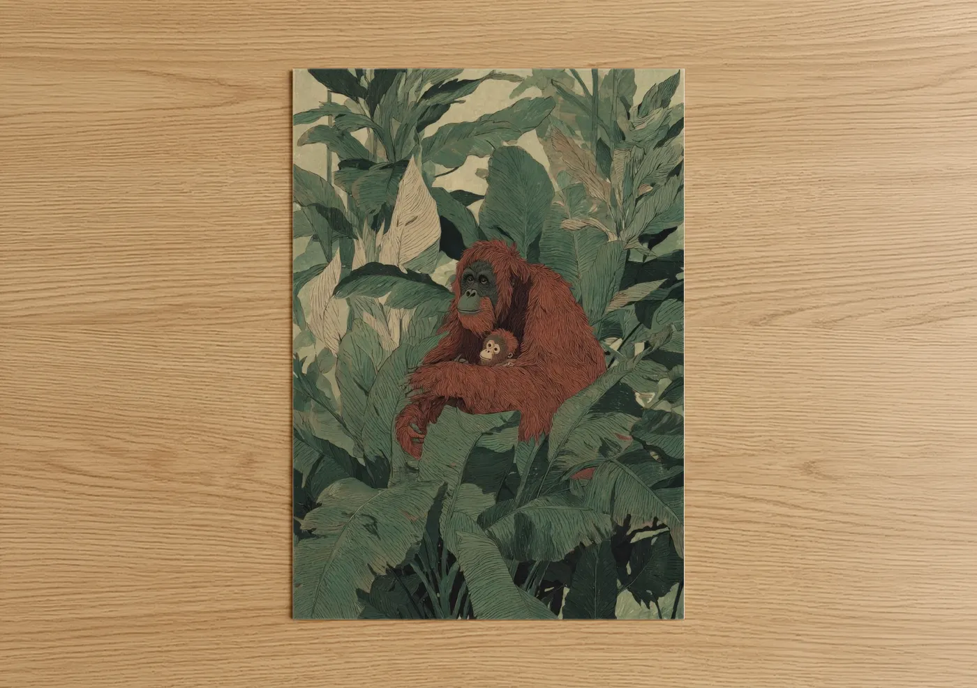 Art print on warm oak wood — russet and dark green palette — Jungle Orangutan Mother poster