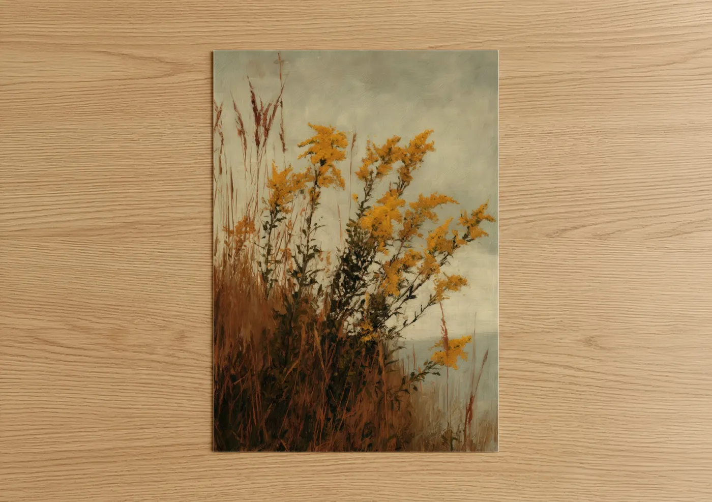 Flower field art print on warm oak wood — gold and beige palette — Golden Autumn Field poster