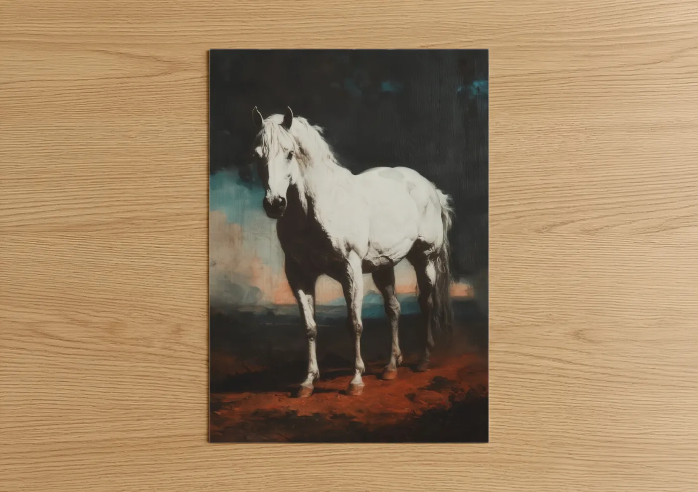 Art print on warm oak wood — black and white and russet palette — Desert Quarter Horse poster