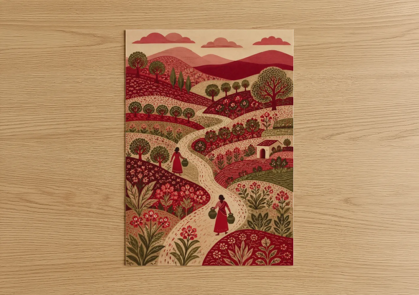 Art print on warm oak wood — red and beige palette — Rolling Flower Fields Village Wall Art poster