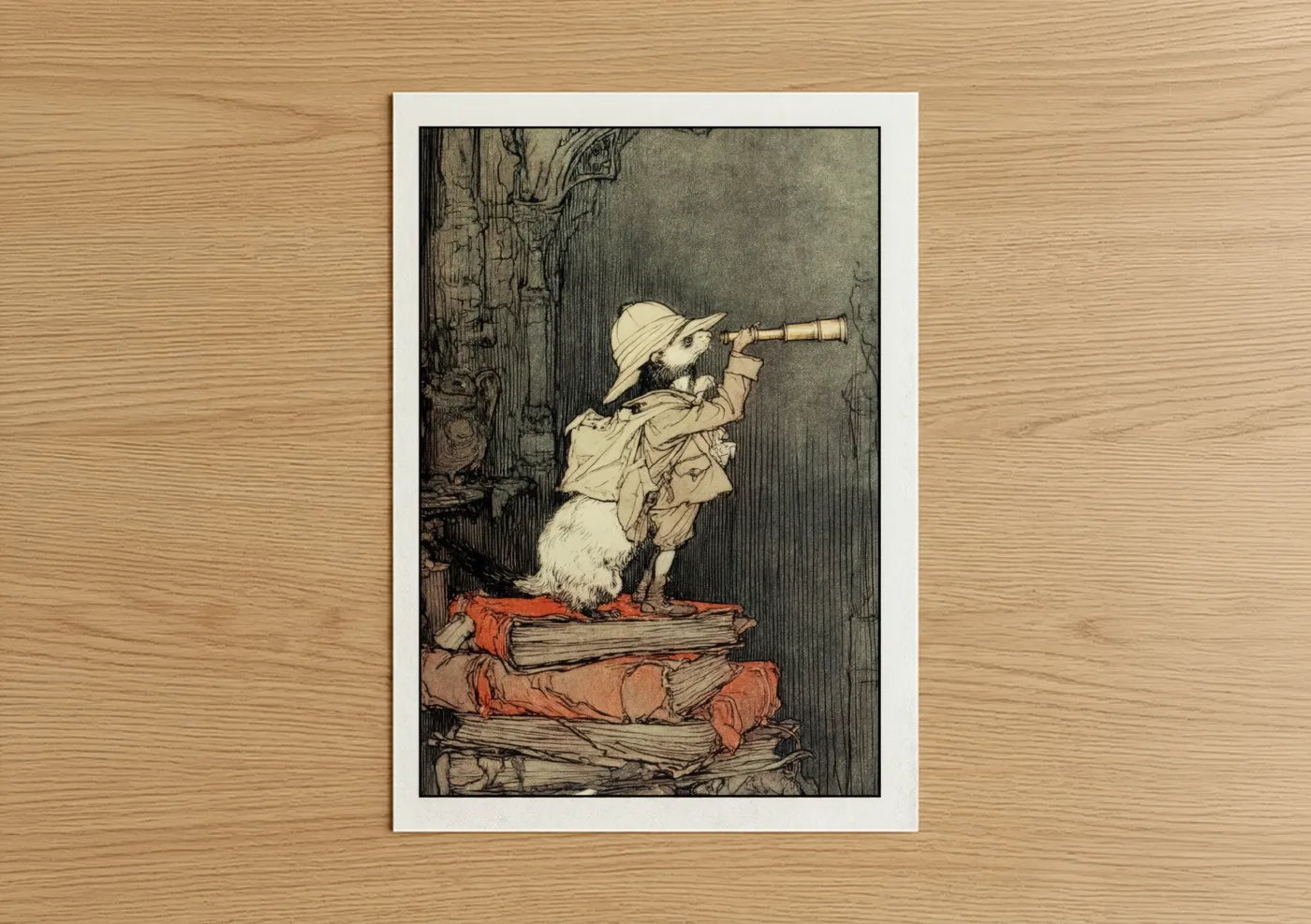 Art print on warm oak wood — cream and russet palette — Adventuring Ferret poster