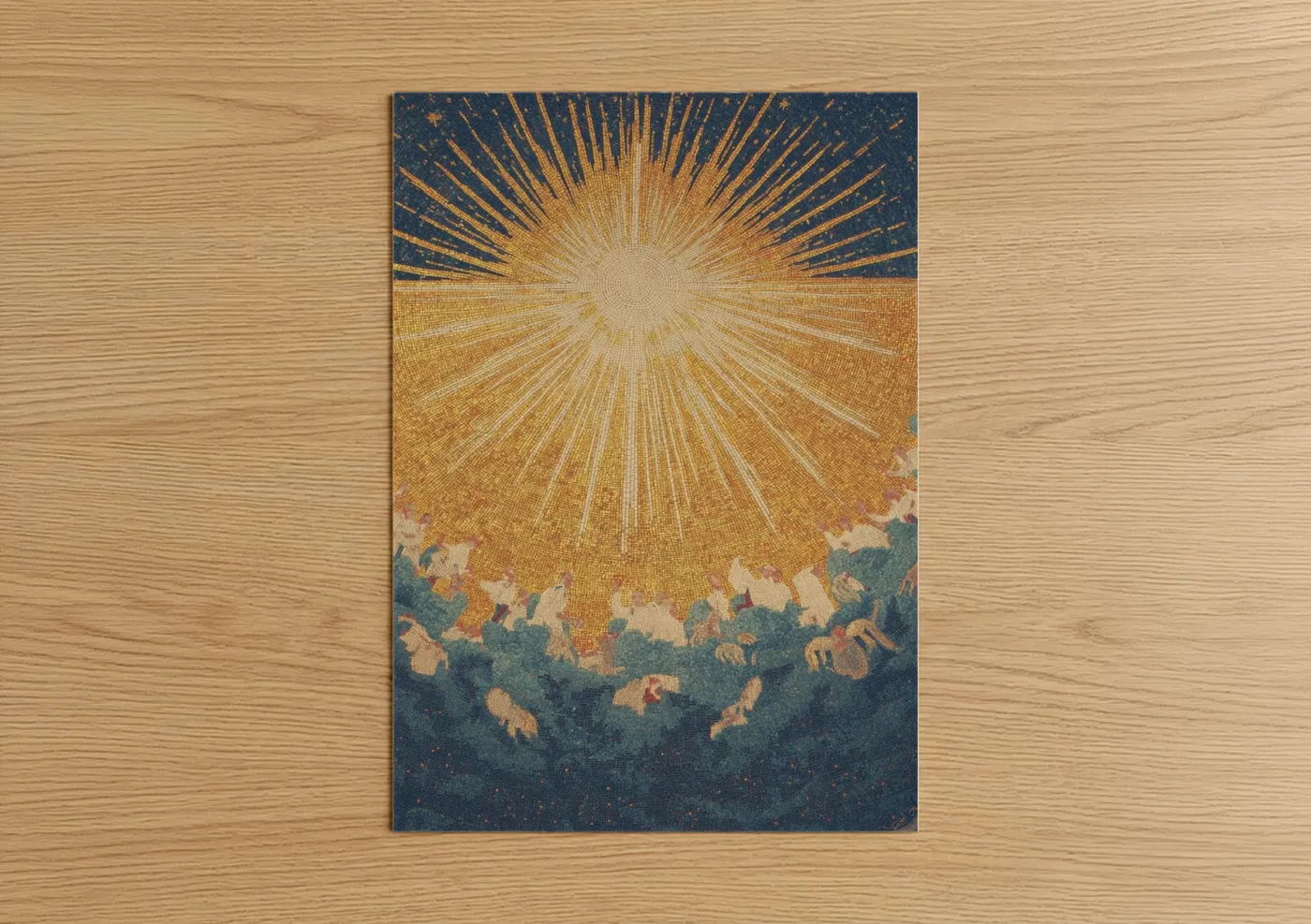 Art print on warm oak wood — gold and dark blue palette — Radiant Pentecost poster