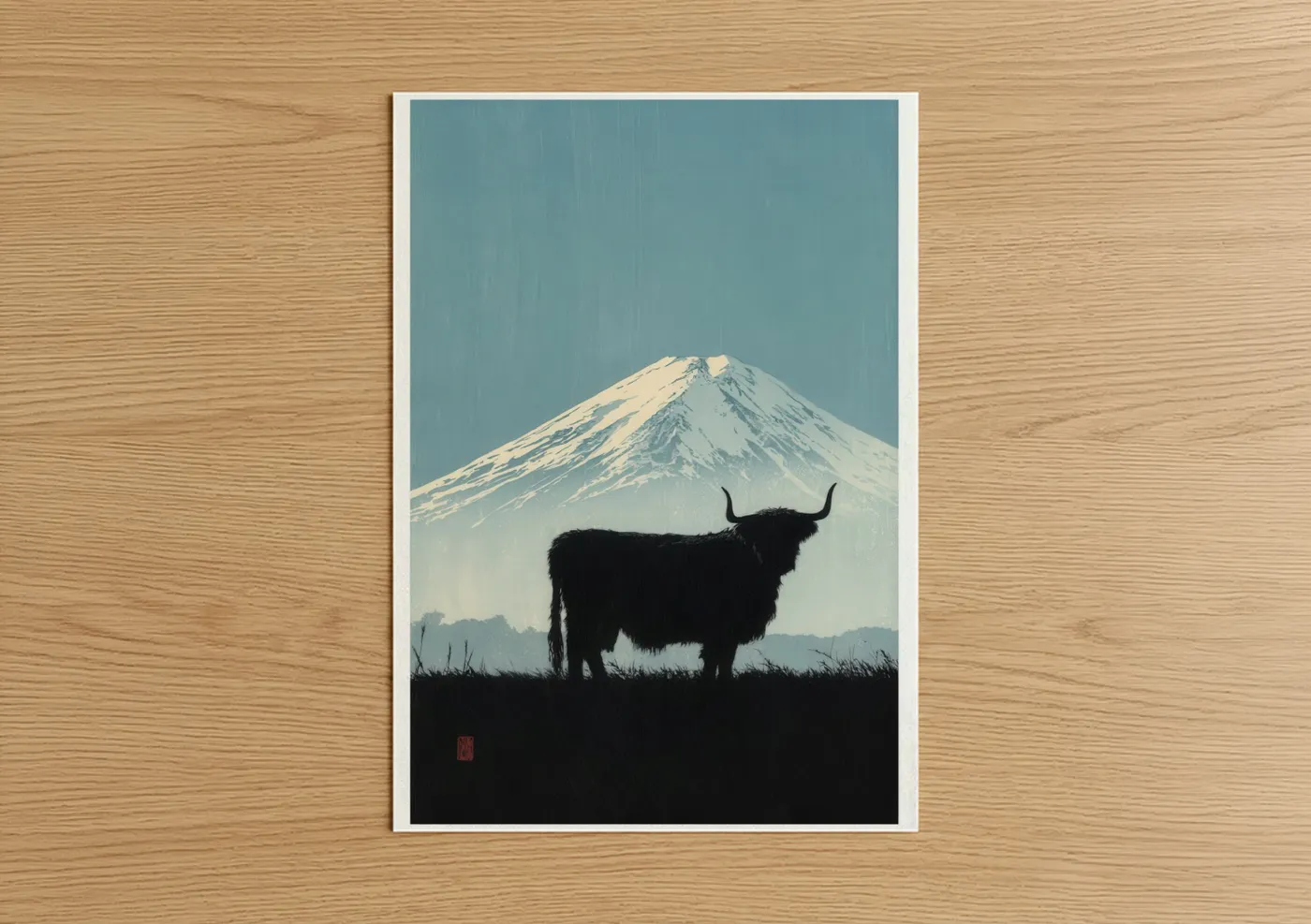 Highland cow art print on warm oak wood — blue and black and white palette — Snowy Highland Majesty poster