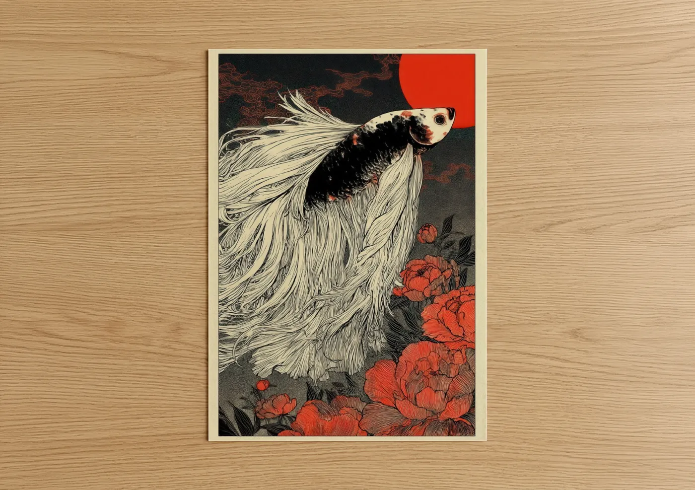 Fighting fish art print on warm oak wood — red and black and white palette — Crimson Betta Fish poster