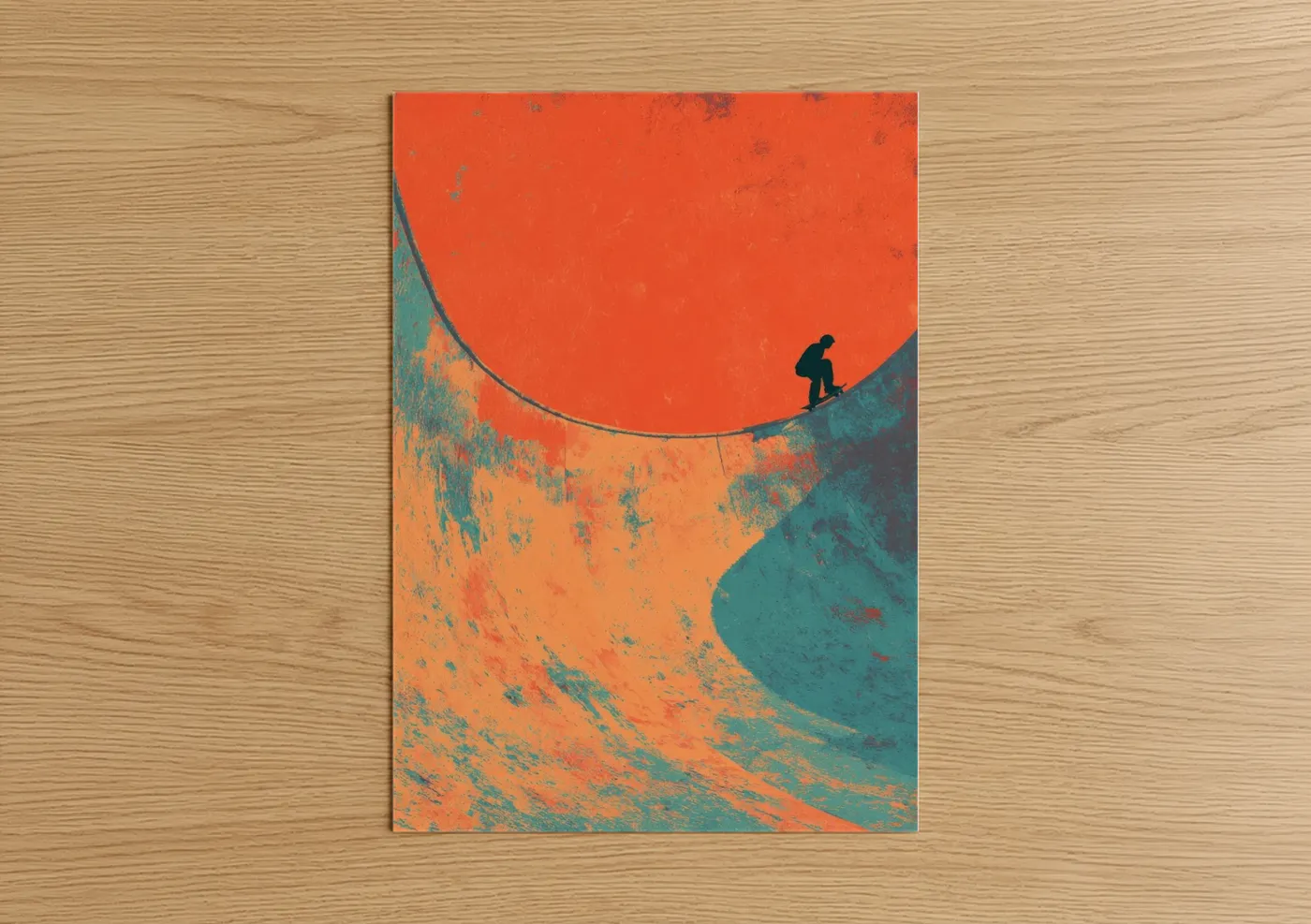 Skateboarding art print on warm oak wood — red and teal palette — Crimson Skate Dream poster