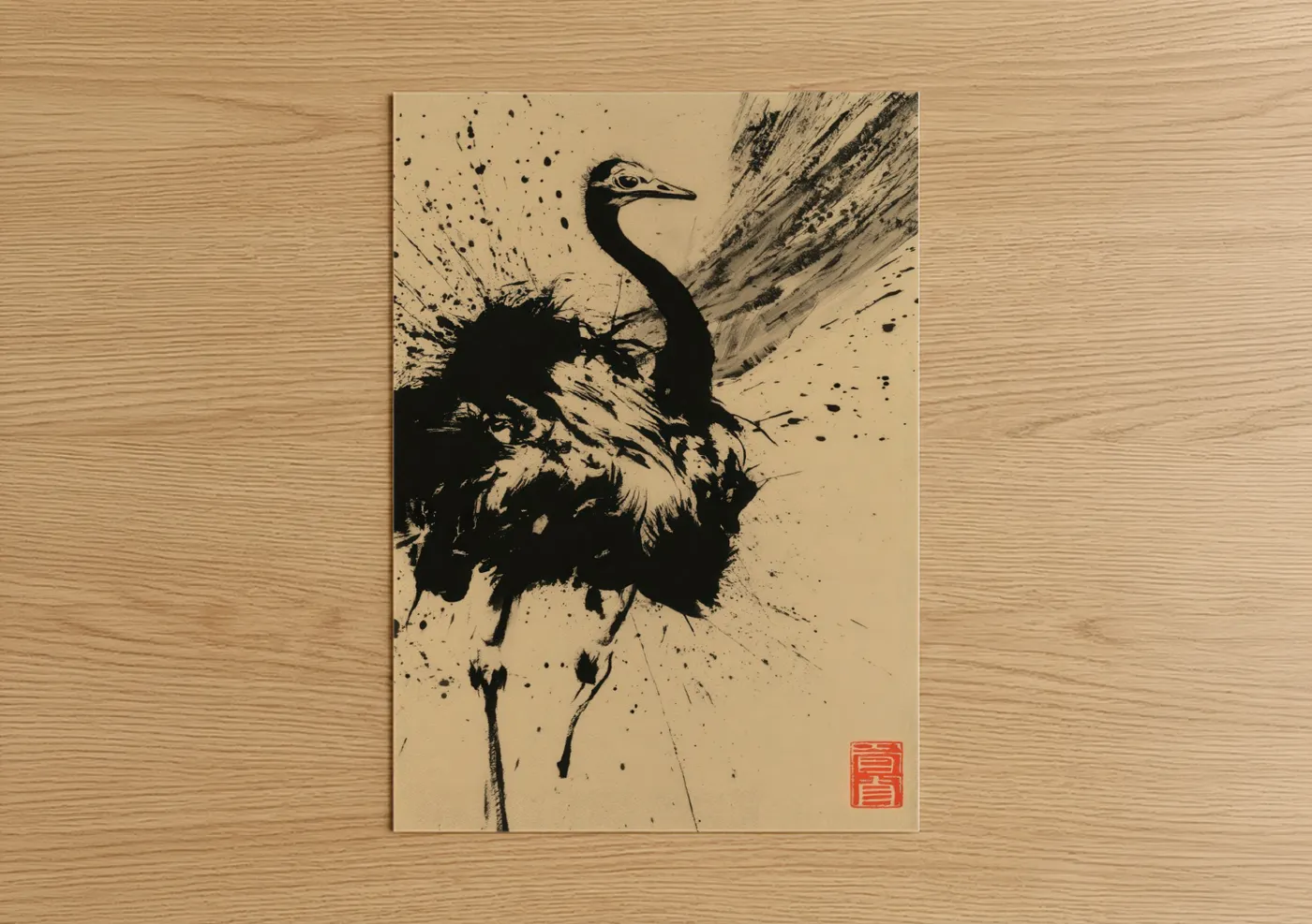Expressive Ostrich Ink Splatter Wall Art