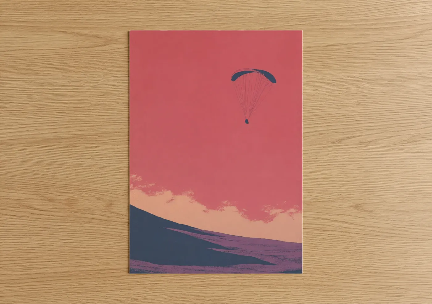 Paragliding art print on warm oak wood — salmon pink and dark blue palette — Desert Paraglider poster