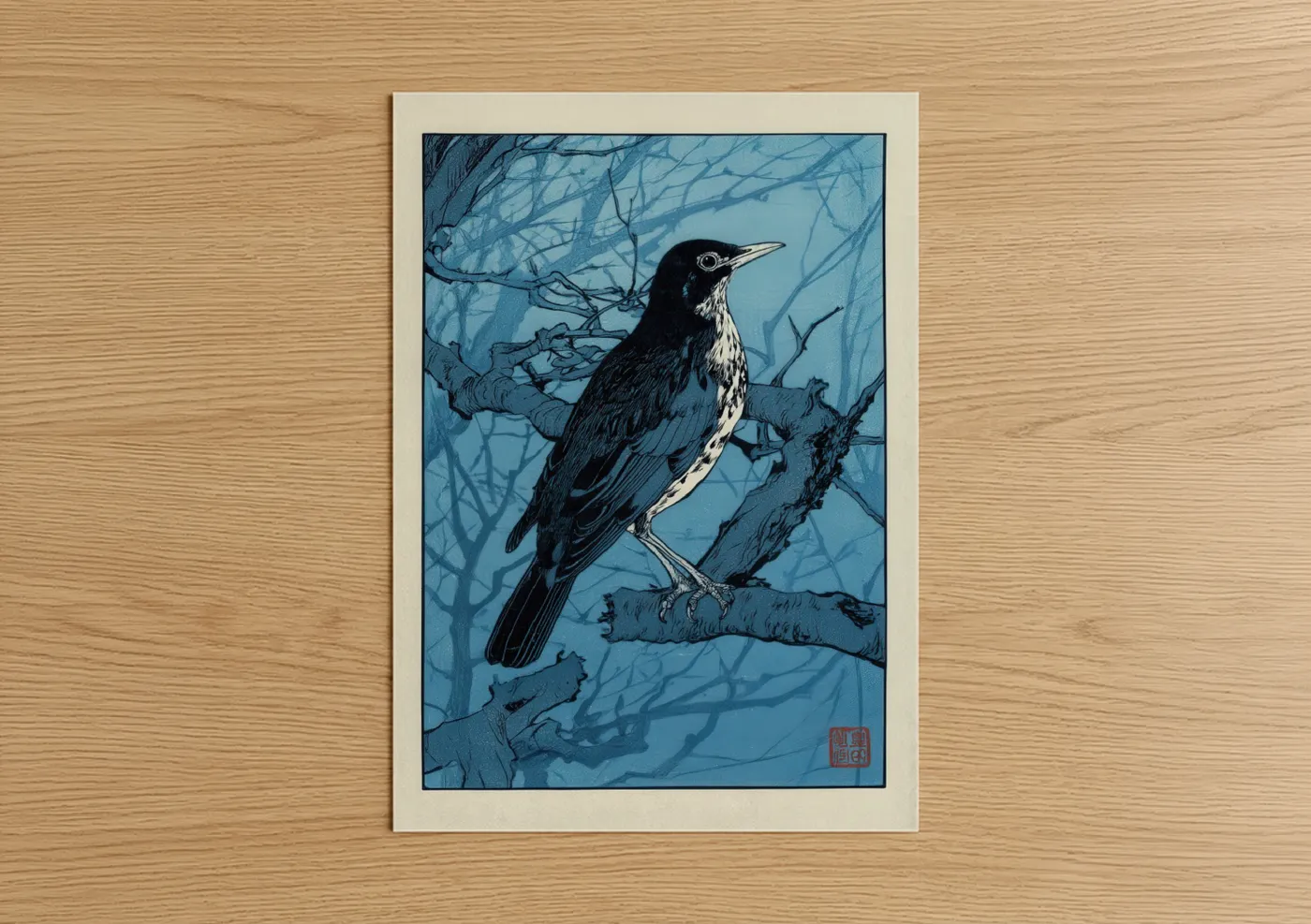 Art print on warm oak wood — blue and black and white palette — Winter Thrush poster