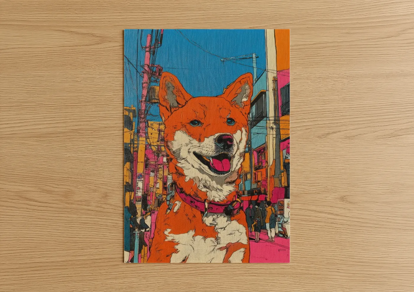Art print on warm oak wood — orange and blue palette — Urban Spitz poster