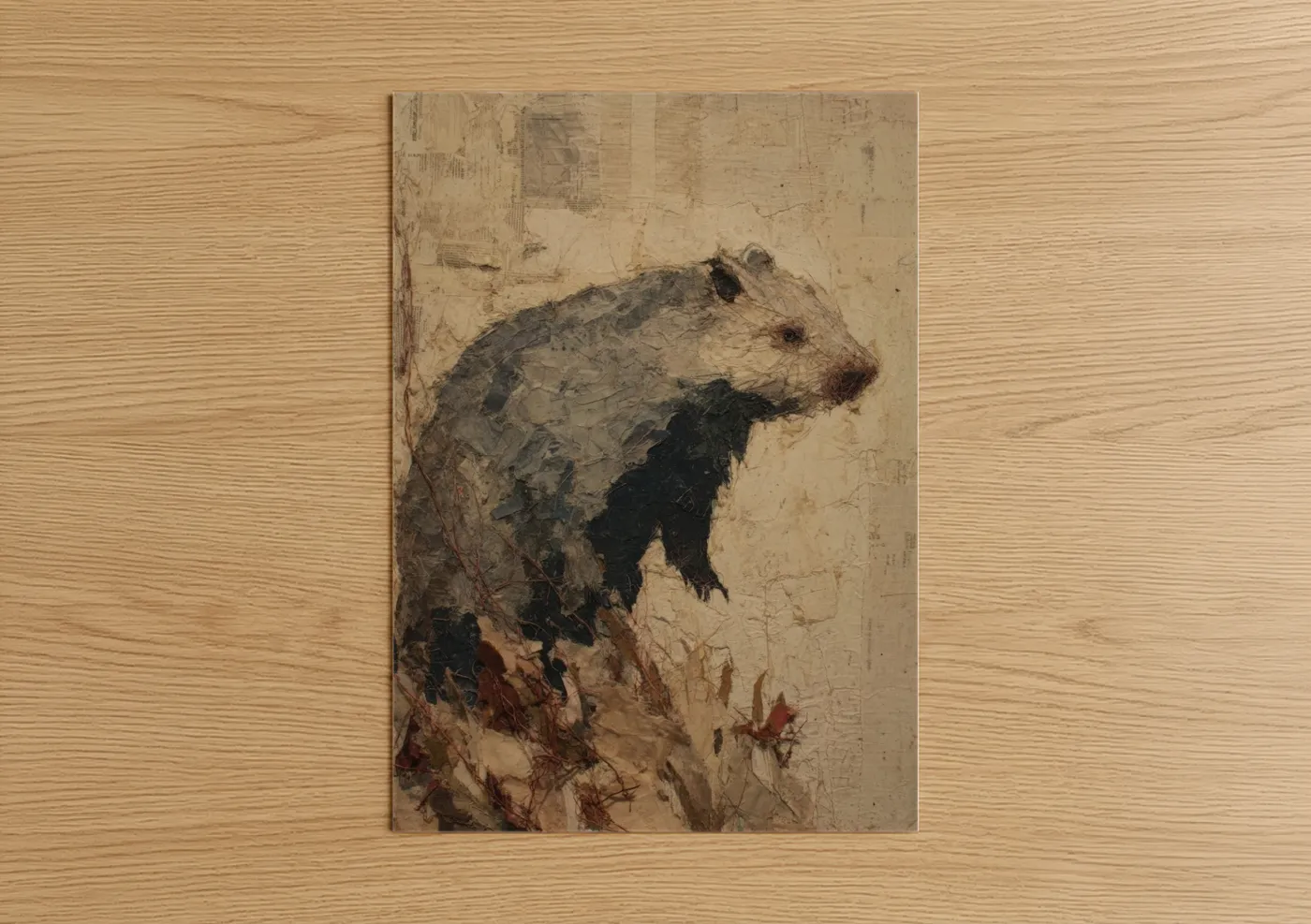 Art print on warm oak wood — beige and black and white palette — Contemplative Wombat poster