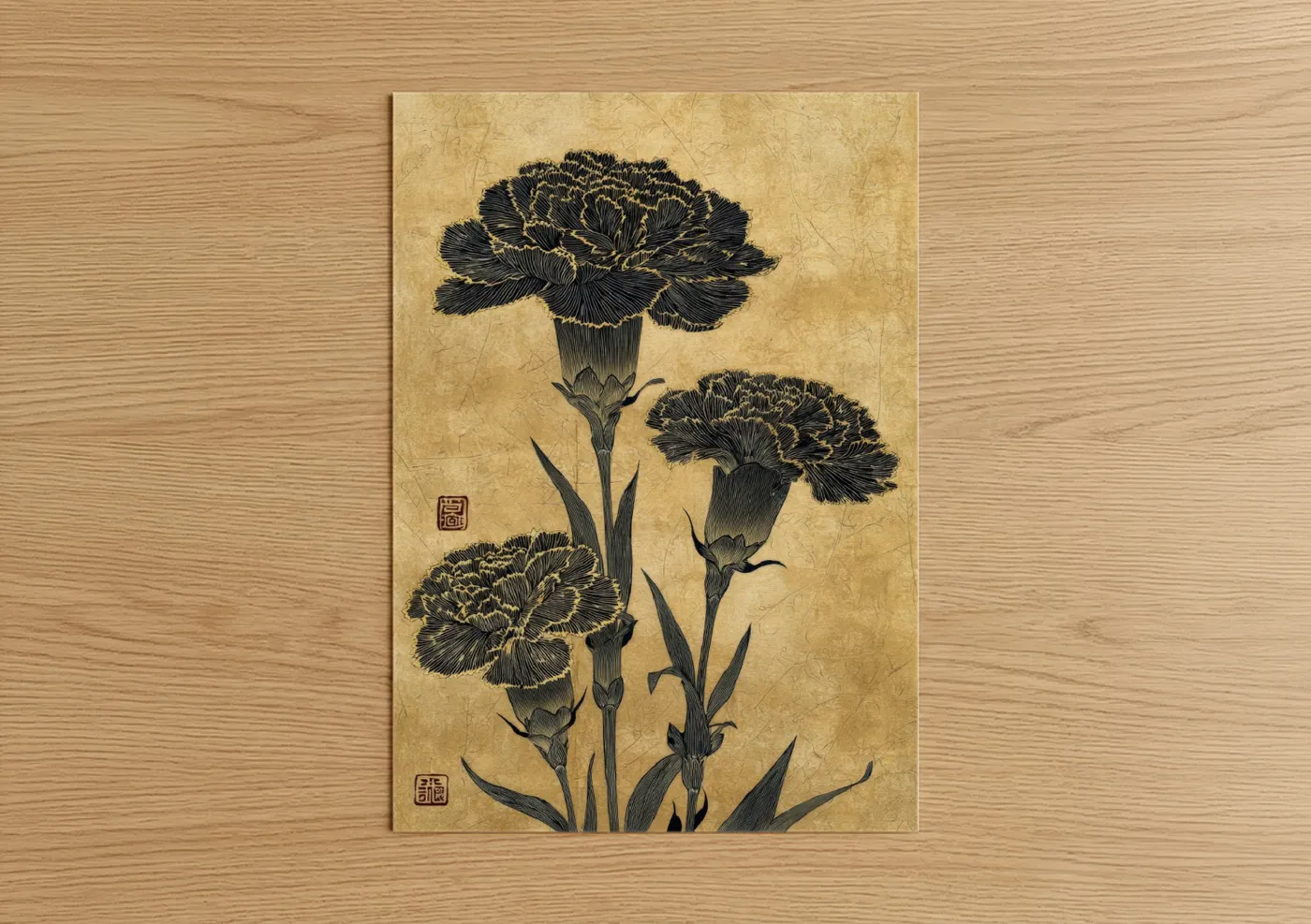 Black Carnations Asian Art Print Wall Art