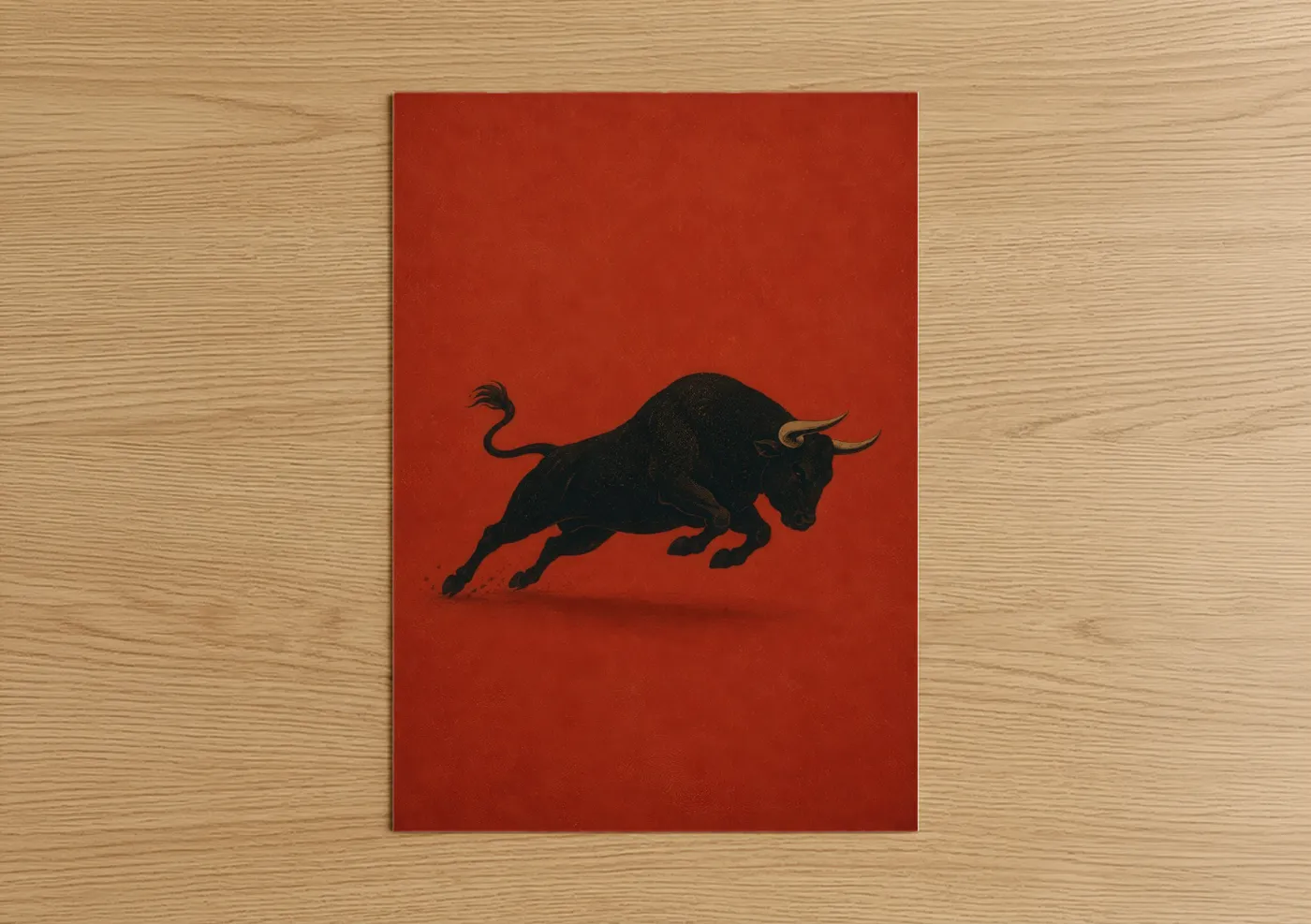 Art print on warm oak wood — red and black palette — Black Bull on Red Wall Art poster