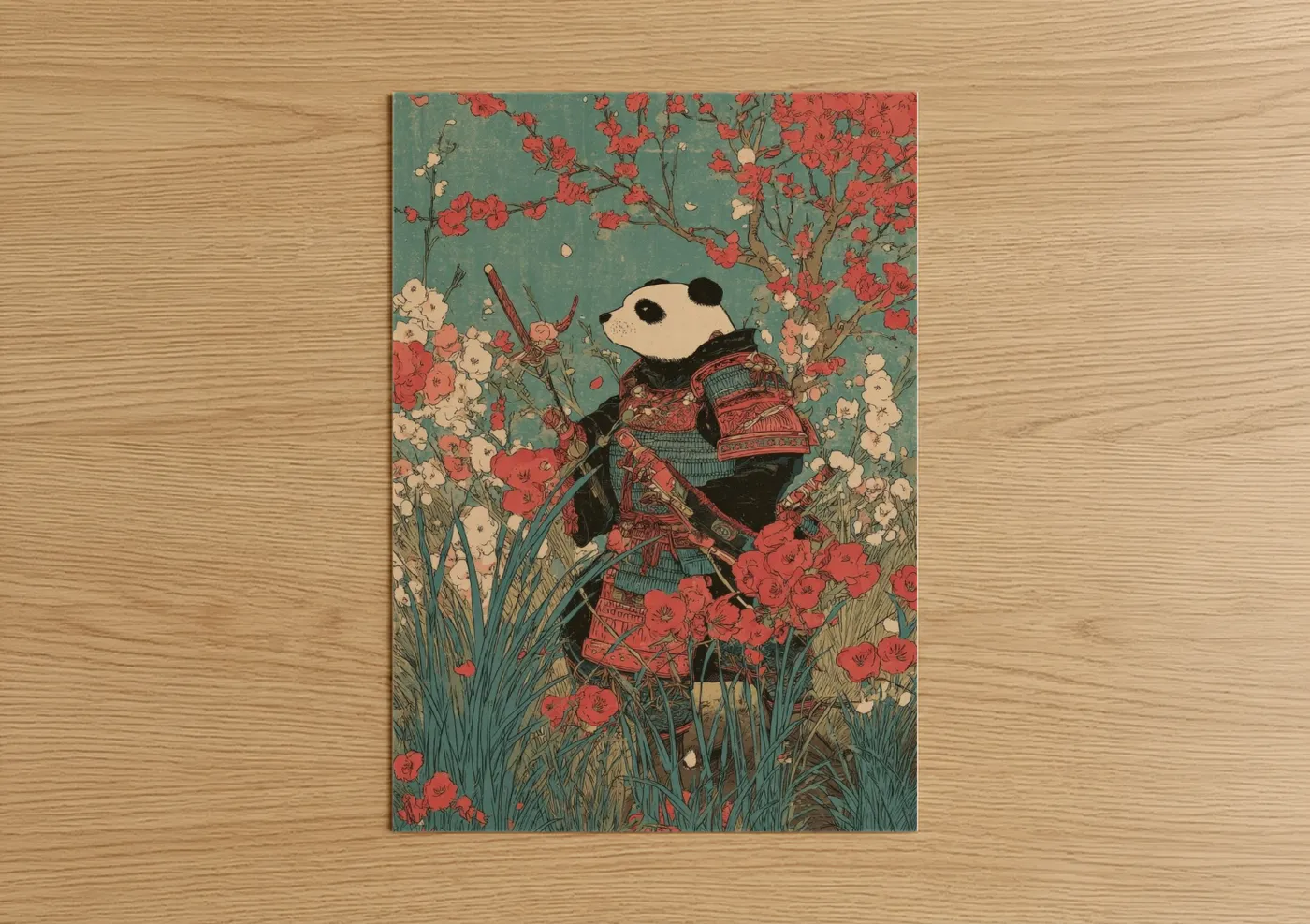 Panda in Kimono Among Red Flowers Wall Art